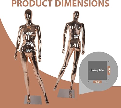 Miniatura 2 de Kinfant Maniquí femenino de cuerpo completo de oro rosa, elegante maniquí femenino alto con base de metal estable, pantalla de forma de vestido de