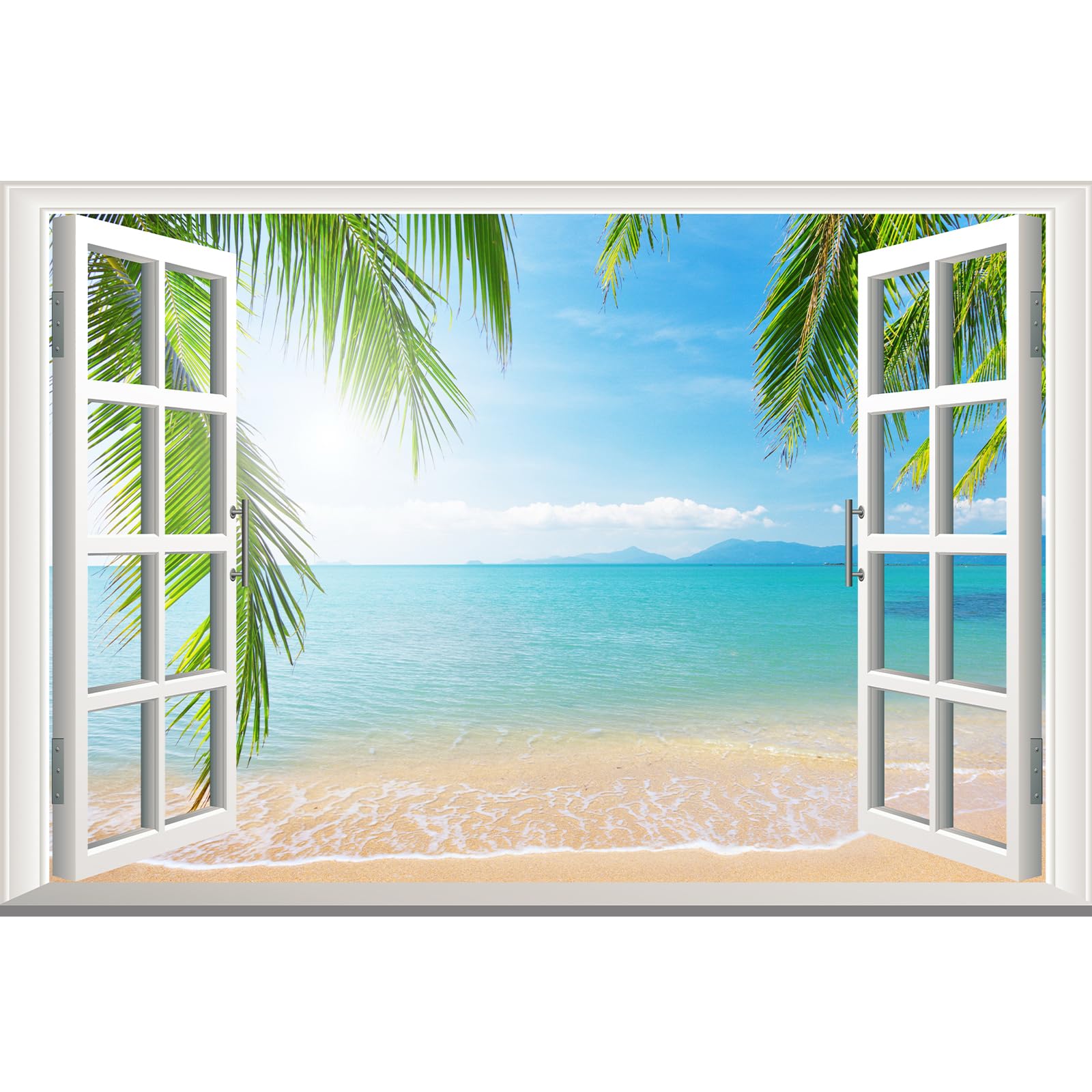 Calcomanía de pared de ventana falsa 3D de paisaje marino, océano azul y palmera, calcomanía de pared de paisaje creativo, calcomanías de pared de vinilo extraíbles para sala de estar, dormitorio,