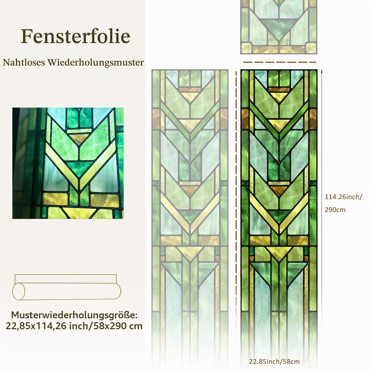 Original handgezeichnet Fensterfolie bunt Grün Geometrie 58X290CM | Imitation von Buntglas fensterfolie Beidseitig halbdurchsichtig,milchglasfolie geeignet für Wohnzimmer, Schlafzimmer, Küche