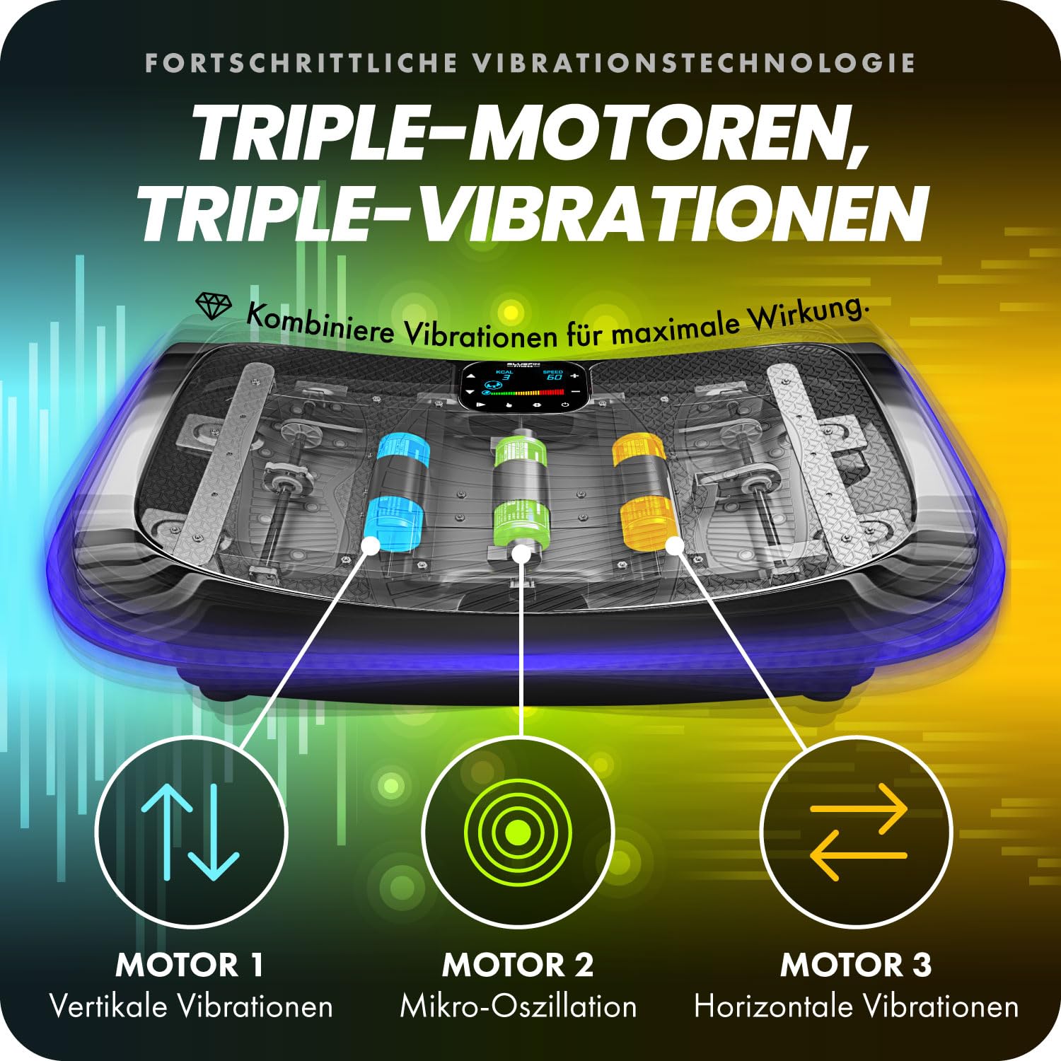 Bluefin® 4D-Vibrationsplatte-Trainingsgerät zum Abnehmen, für die Muskelregeneration und Lymphdrainage, 3 Motoren mit Widerstandsbändern & Zugseilen für EIN effektives Ganzkörpertraining