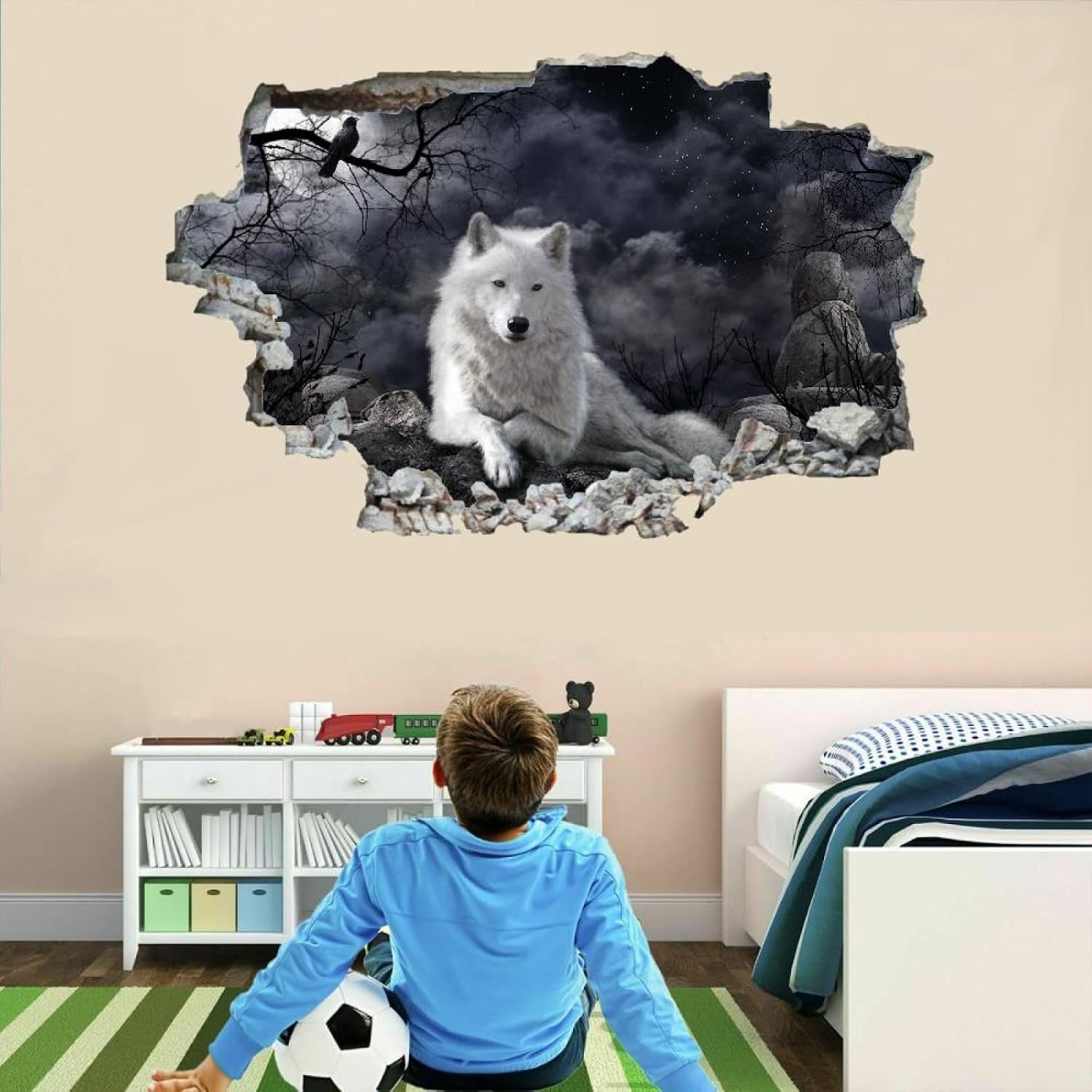 Wolf 3D Wall Decor Stickers Animal Wall Stickers 3D Smashed Wall Mural Decals Forest Wall Vinyl Art Family for Kids Bedroom Living Room Nursery Home Wall Décor 35 x 24 Inch