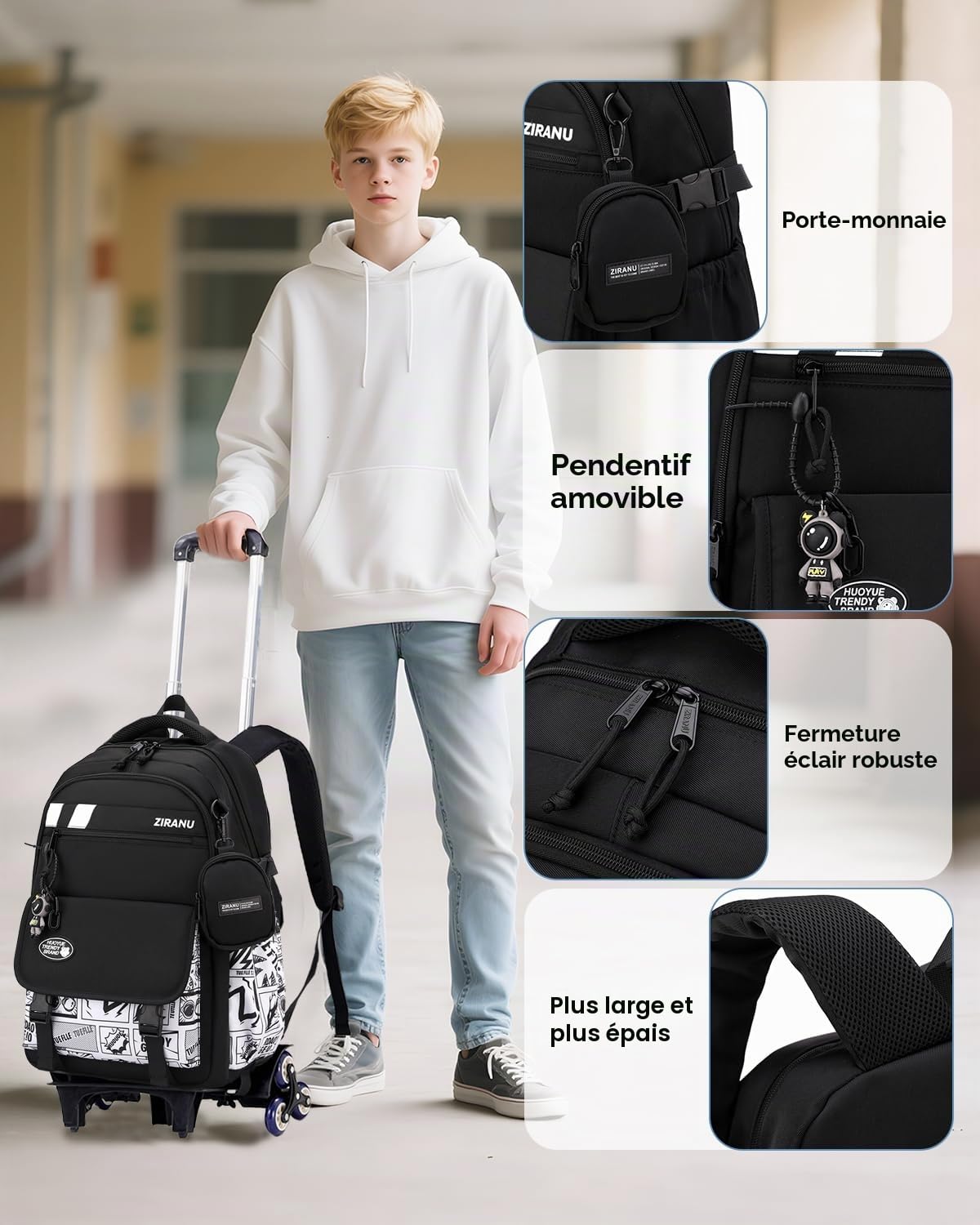 Tanou Sac Dos Roulettes pour Garçons, 28L Cartable Roulette Garcon pour Adolescents, Sac d'école College Noir Trolley Détachable avec Porte-monnaie, 6 Roues