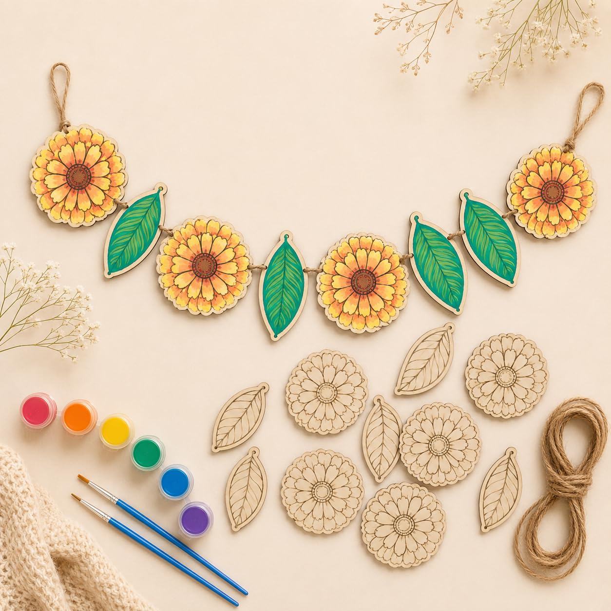 SVM CRAFT® DIY MDF Garland Colouring Kit for Kids & Adults | 10 Laser Cut Wooden Flower & Leaf Cutouts | 12 Acrylic Paints, 1 Paint Brush & Jute String Included | DIY Wall Hanging Craft Kit for Home Decor & Art Activities-image-49