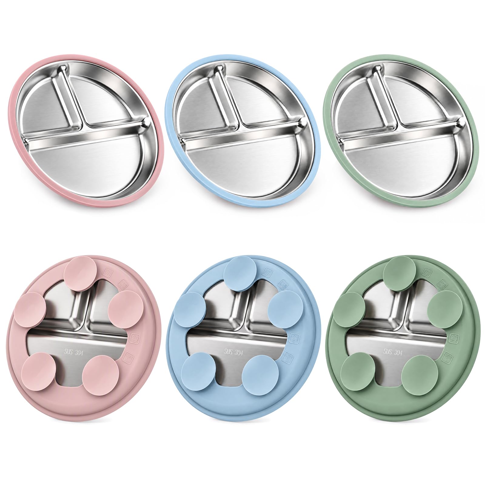 Dokpav 3pcs Piatti Svezzamento in Acciaio Inox con 5 Ventosa, 3 Scomparti | Piatto Svezzamento Senza BPA, Piatti Bambini Divisi, con custodia in silicone rimovibile, per lo Svezzamento Autonomo