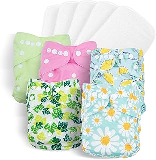 Baby Cloth Nappies for Babies 10 Pack Washable Nappies Diapers 5 Cloth Diapers & 5 Reusable Nappies Inserts Adjustable Super Absorbent Pocket Nappy for Infants (Green Pink Leaves Lemon Daisy)
