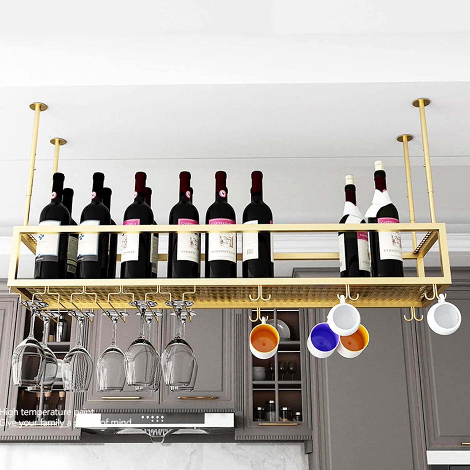 Hanging Wine Rack, Metal Ceiling Bottle Rack, Vintage Display Wine Storage Holder with Stemware Glass Shelf for Under Cabinet, Kitchen, Bar, Adjustable Height,Black,100x25cm Chaser