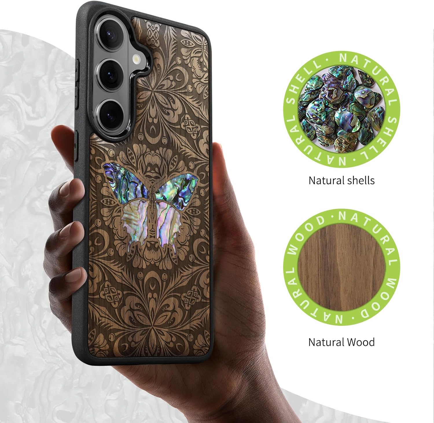Carveit Magnetic Wooden Case for Galaxy S26+ / S26 Plus Case, Wood Artisan Engraved & Handmade Shell Inlaid, Compatible with MagSafe Wireless Chargers (Baroque Butterfly) Walnut