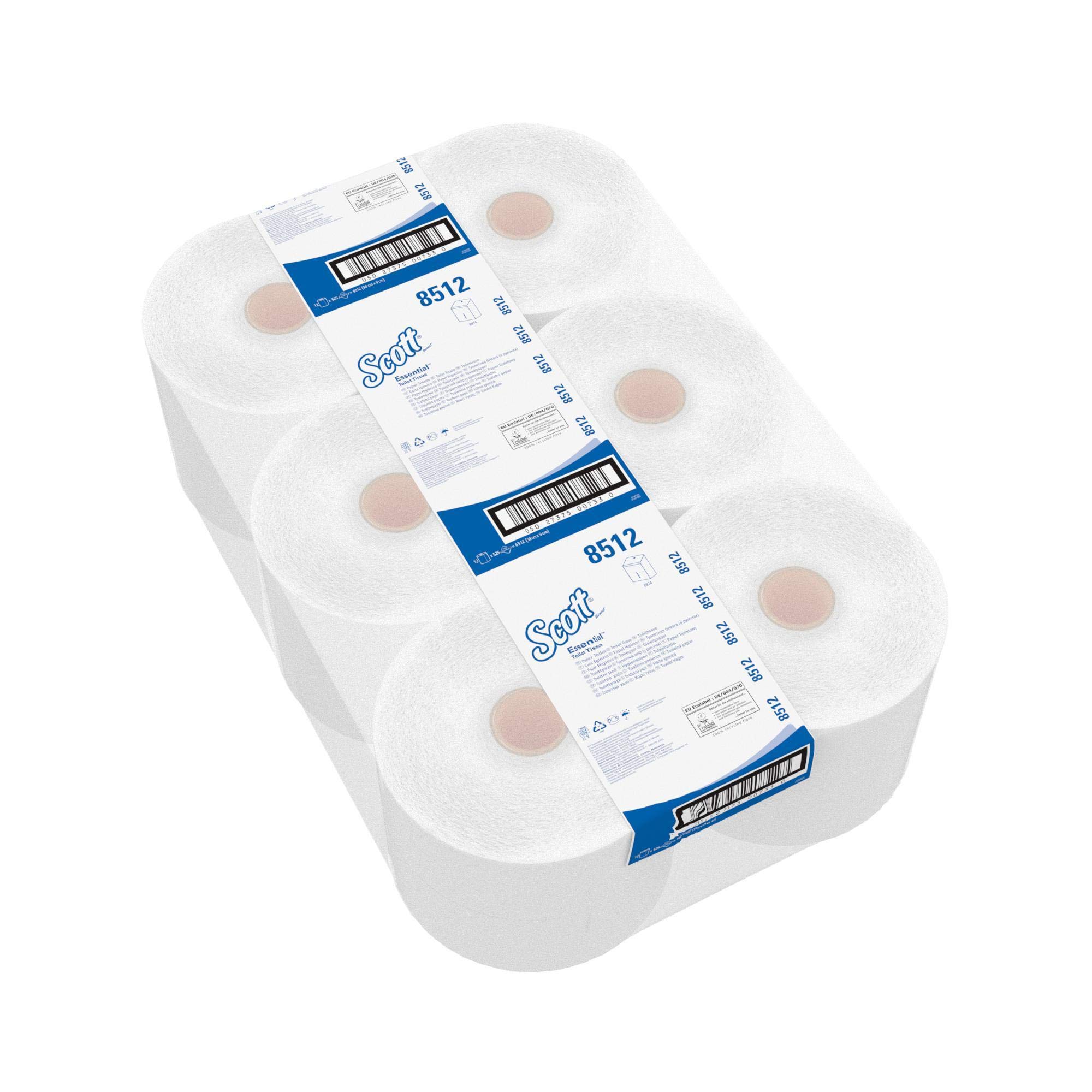 Scott Essential 8512 Carta igienica a 2 veli, 12 maxi rotoli da 526 fogli, Igiene ed efficienza, Colore: Bianco, 08512080