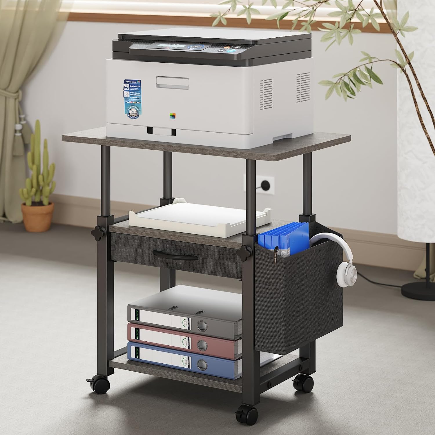 YAOHUOO 23.6″x15″ Large Printer Stand with Storage Drawer and Side Bag, 3-Tier Height Adjustable, Fits Fax Machines, 3D Printers, Scanners, Laser, Heat Press Machines