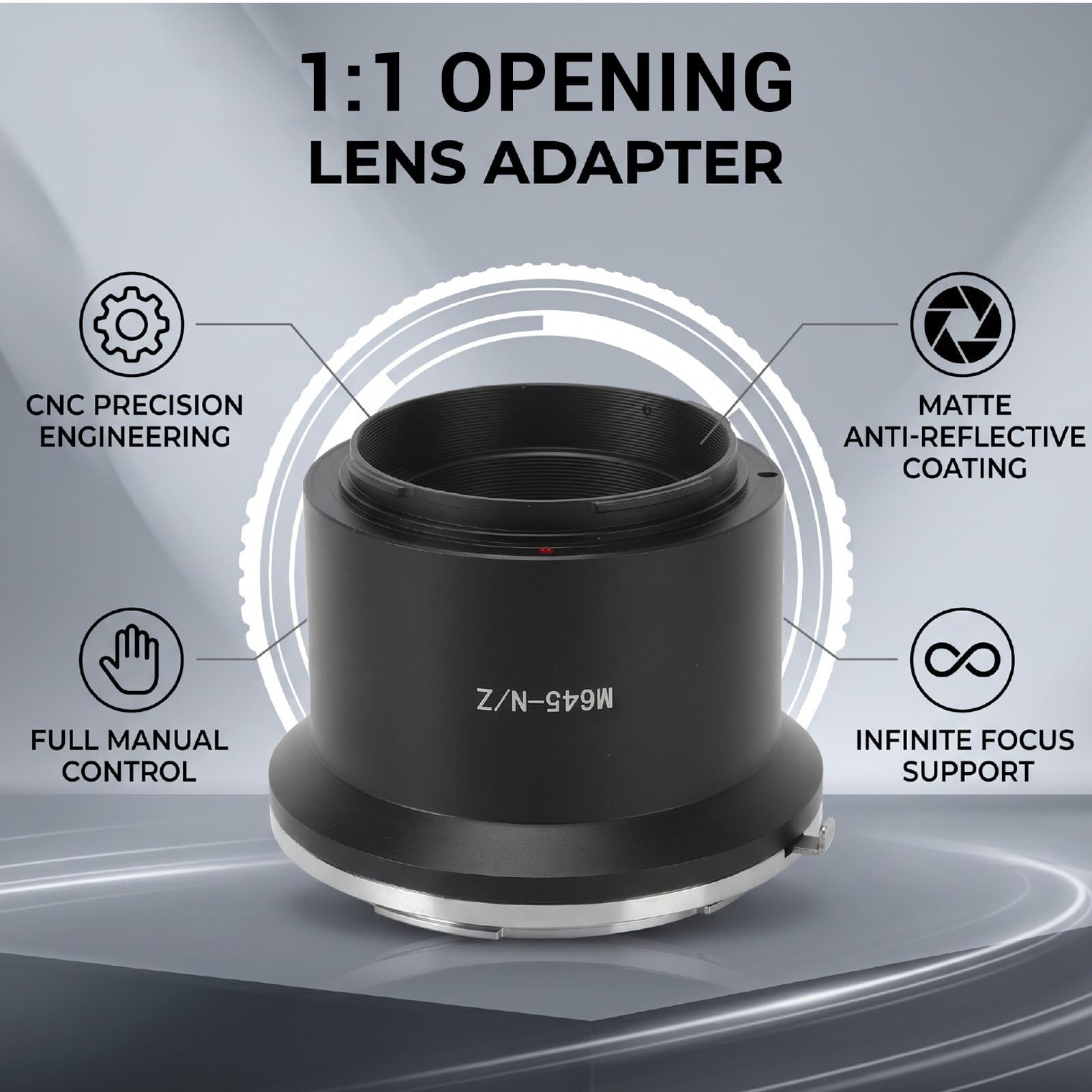 Adattatore per Obiettivo con Attacco M645, Convertitore per Obiettivo con Messa a Fuoco Manuale in Lega di Alluminio con Rivestimento Riflettente Opaco per Fotocamere Z Mount Z5