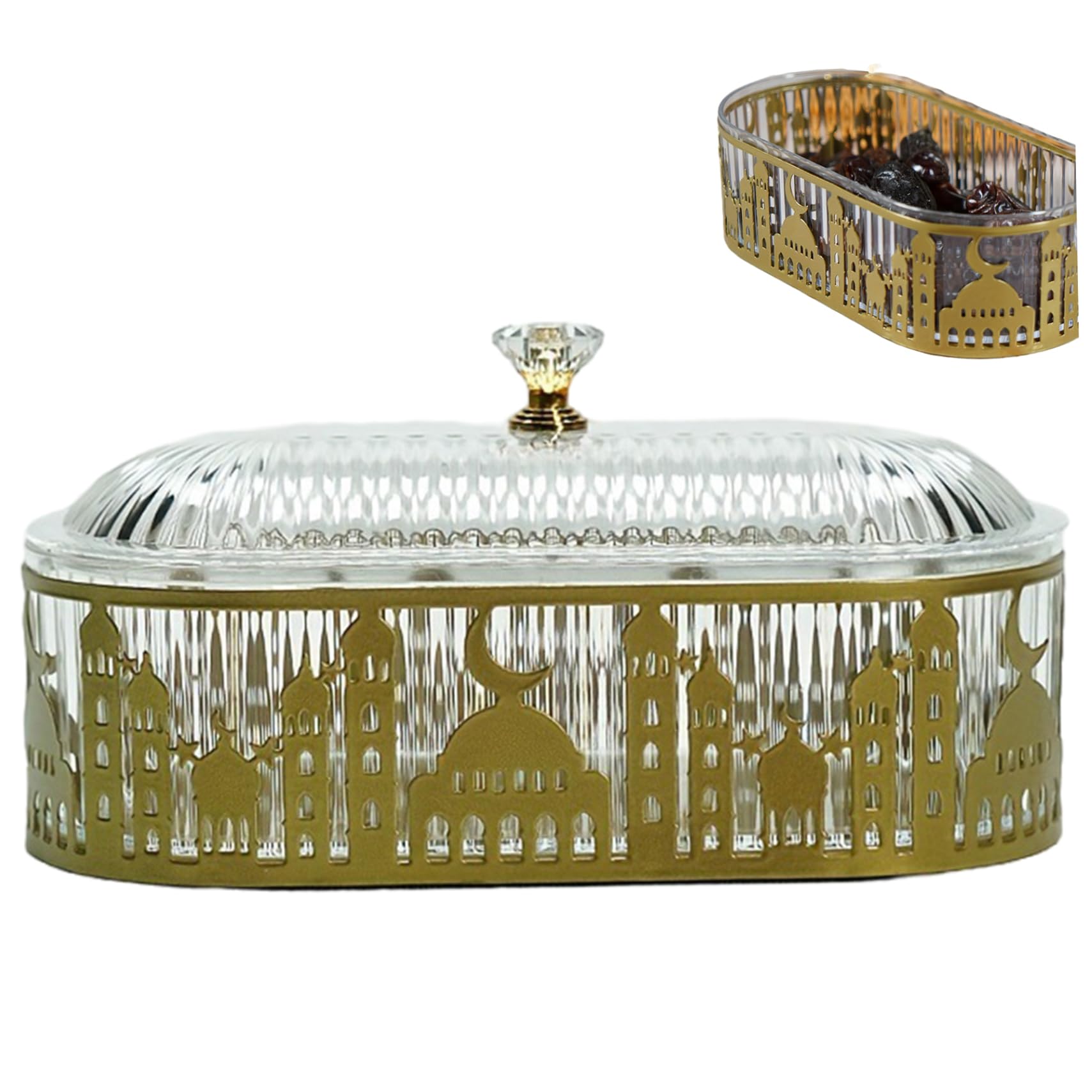 Nassmosse Golden 7.20X3.54x3.54in Gold Iron Ramadan Tray Oval Castle Serving Tray With Lid For Home Party