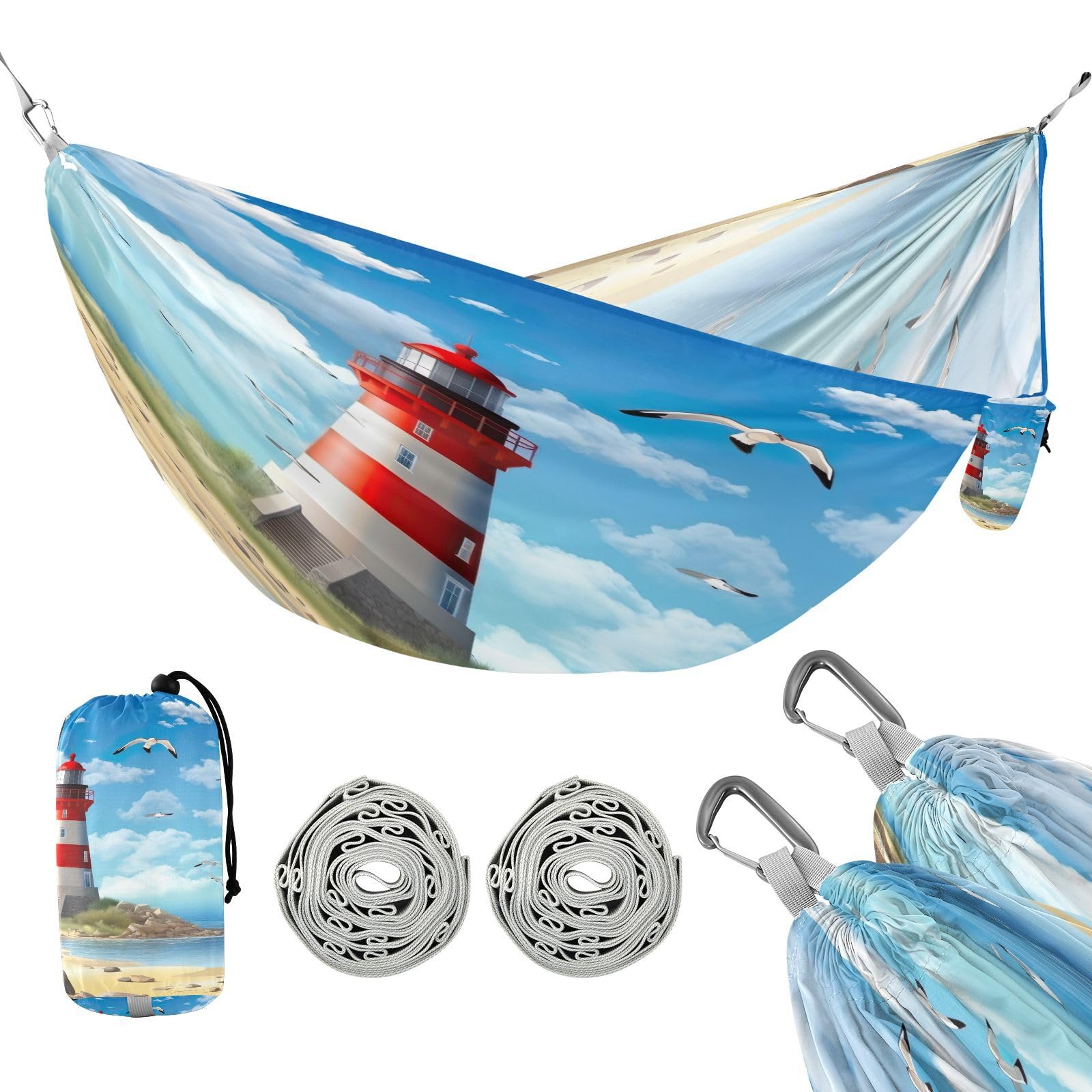 Haskirky Manga Lighthouse Camping Hammock, Single Portable Hammocks with Tree Straps & Attached Carry Bag, 330Lbs Capacity Perfect for Outside Indoor Hiking Beach Backpack Travel