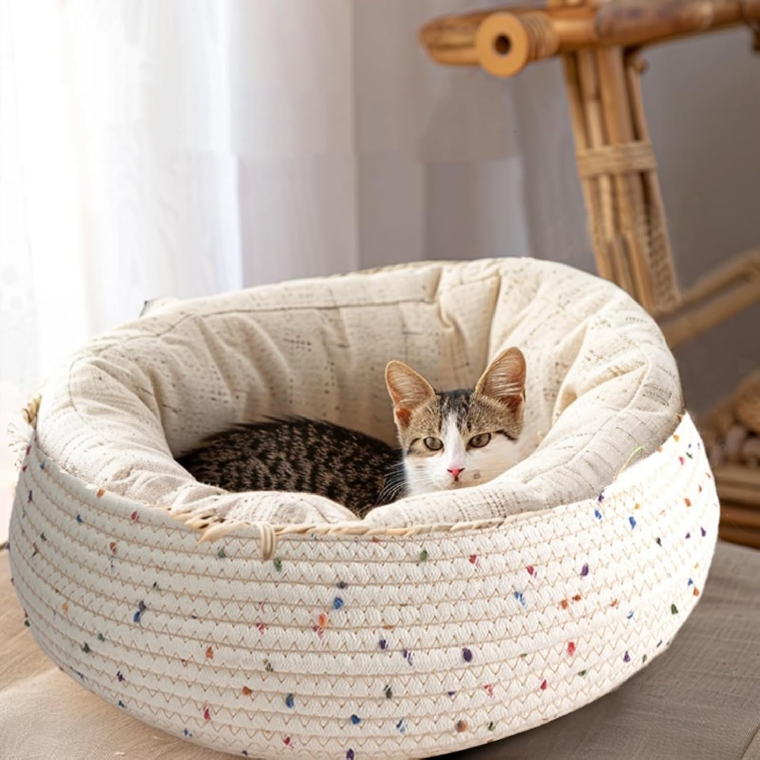 Hand Woven Cotton Linen Round Cute Small Cat Dog Pet Bed, Wear-resistant Durable Soft Comfortable Portable Breathable Washable Sleeping Bed for Indoor Outdoor, Home Toy Organizer Storage Basket(white)