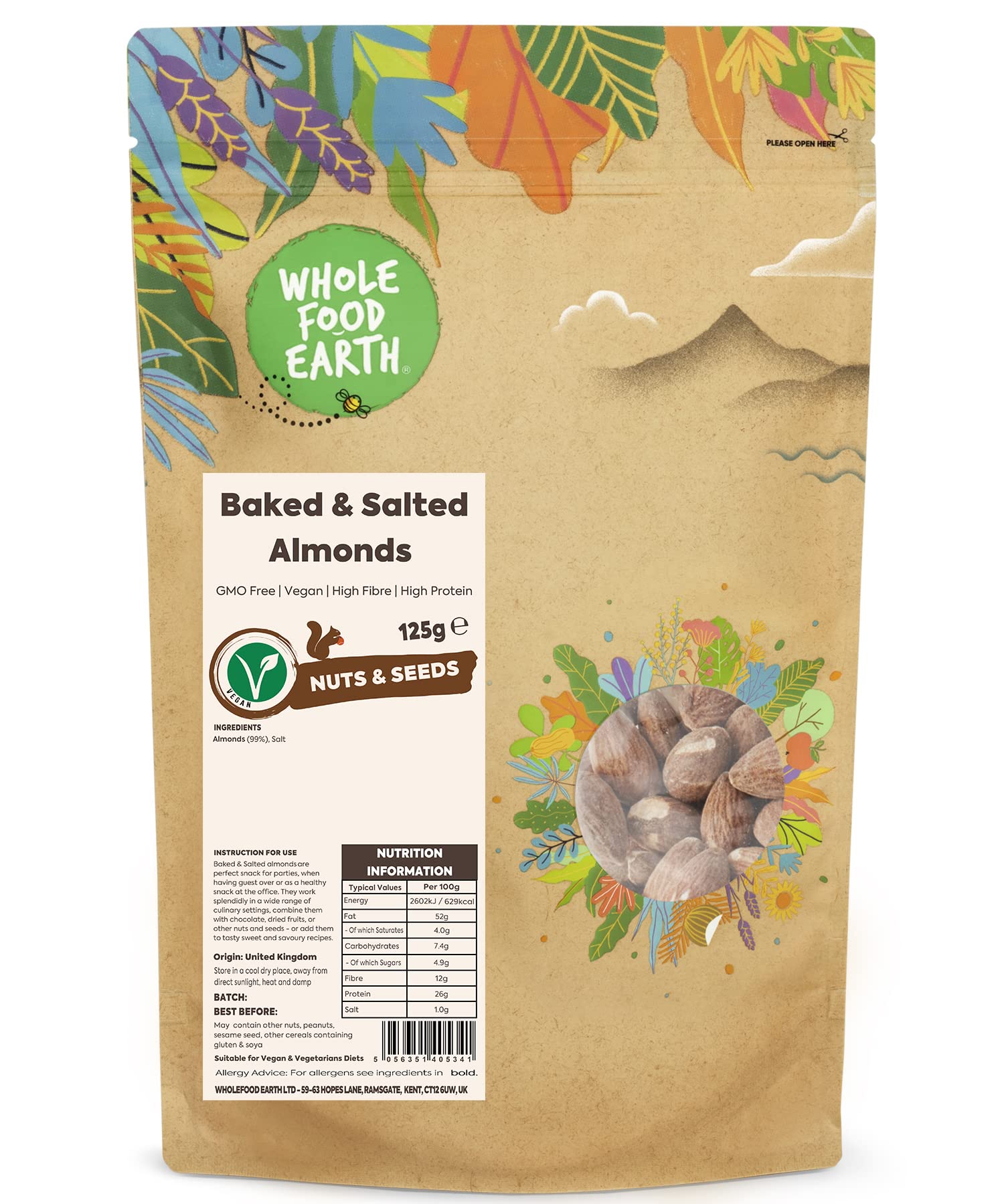 Wholefood Earth Roasted and Salted Almonds 125g | GMO Free | High Fibre | High Protein