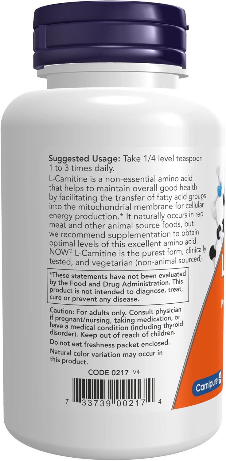 NOW Supplements, L-Carnitine (L-Carnitine Tartrate) Pure Powder, Boosts Cellular Energy, Amino Acid, 3-Ounce : Health & Household