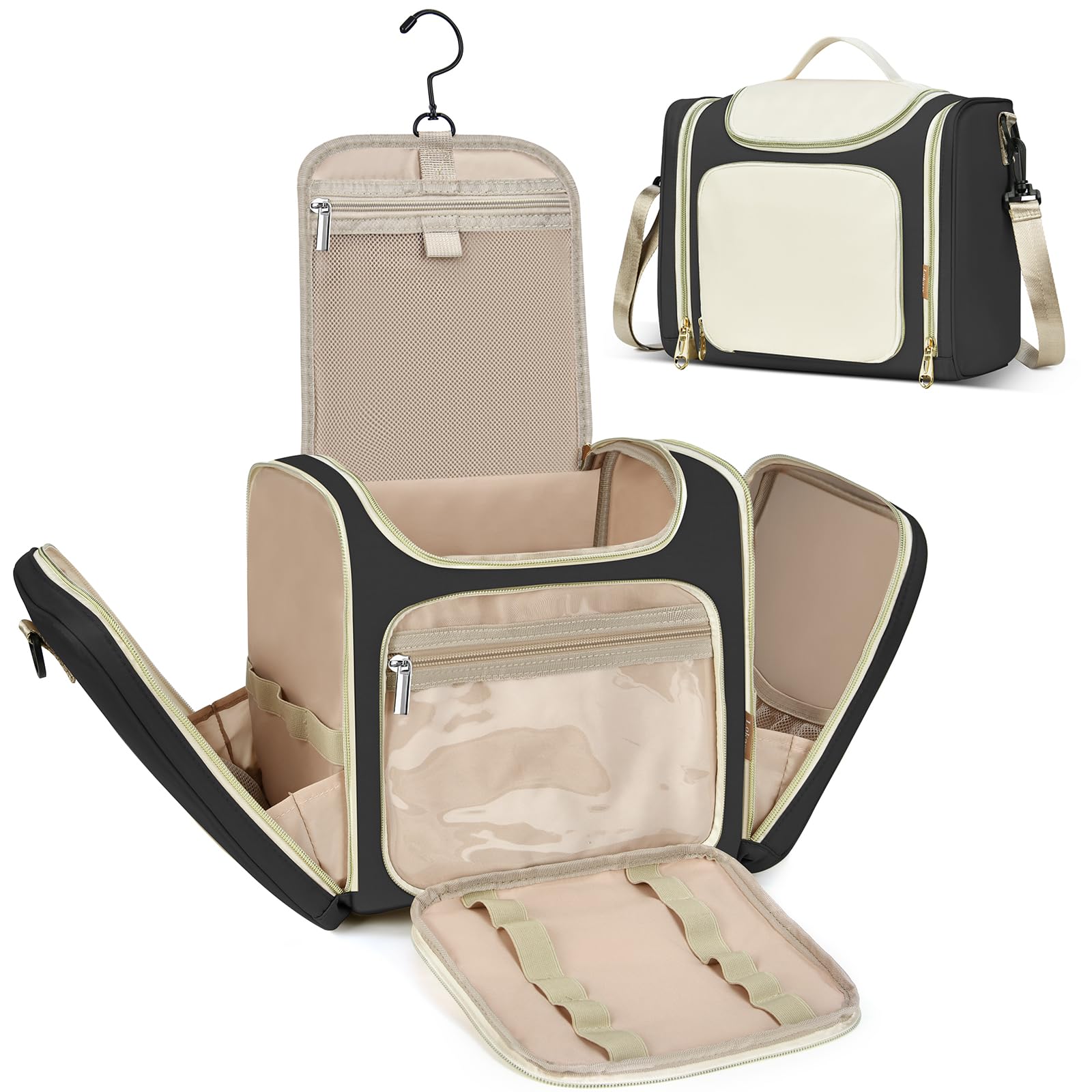 LOKASS Toiletry Bag for Women, Travel Makeup Cosmetic Bag with Hanging Hook for Shampoo Toiletries Full-size Container, Water-resistant Travel Organizer Bag Gift for Women (Large, Black)