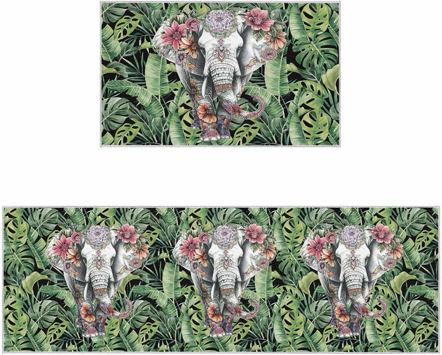 2 Pieces Kitchen Rugs and Mats,Summer Flower Elephant Palm Leaf Area Runner Rug Set Non Slip Floor Doormat Washable Carpet Standing Mat for Kitchen Sink Indoor Corridor,Tropical Green Plant Animal