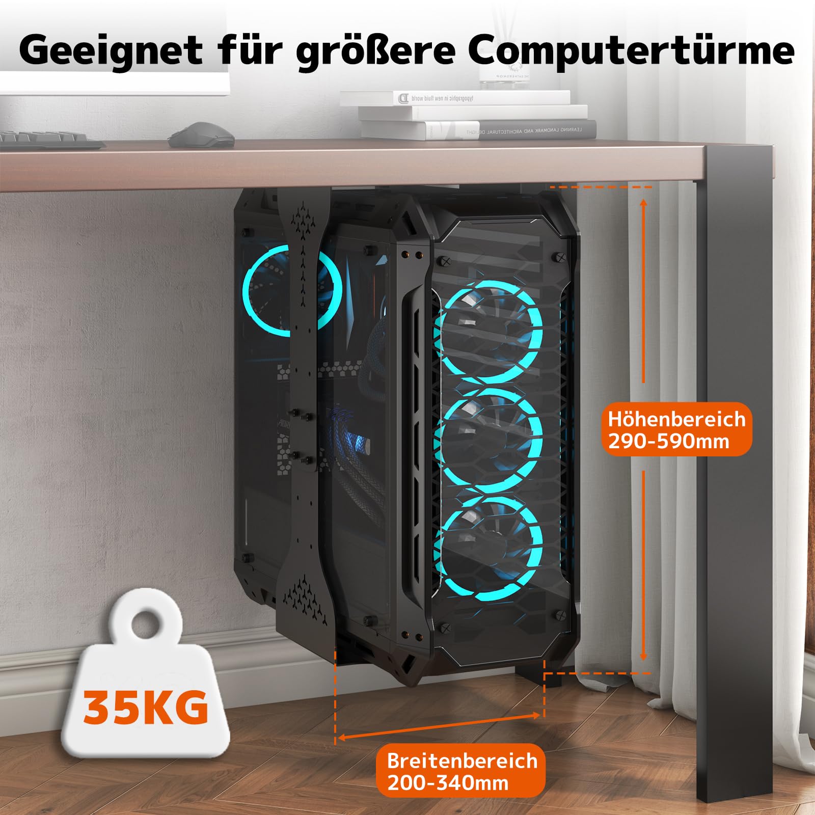 PUTORSEN PC Halterung unter Schreibtisch, Maximale Breite bis zu 340 mm, bis zu 35 kg Tragfähigkeit, PC Untertisch Halterung mit Schutzpolster, Heavy Duty Computergehäuse,Schwarz