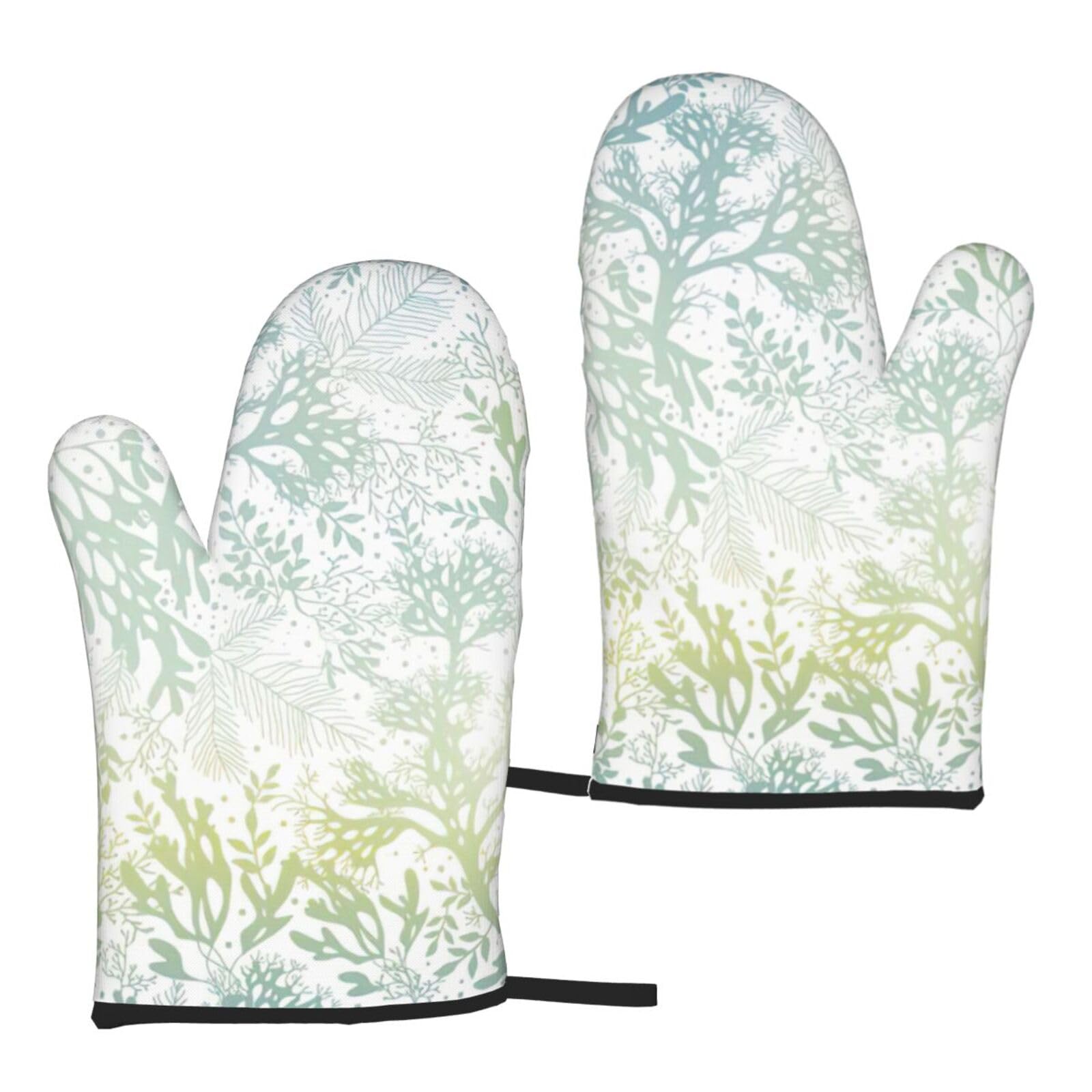 Nimongt Women's Black Green Sea Blue Seaweed Print Adults Universal Fit Heat Resistant Oven Gloves Reusable Cooking Outdoor Grilling