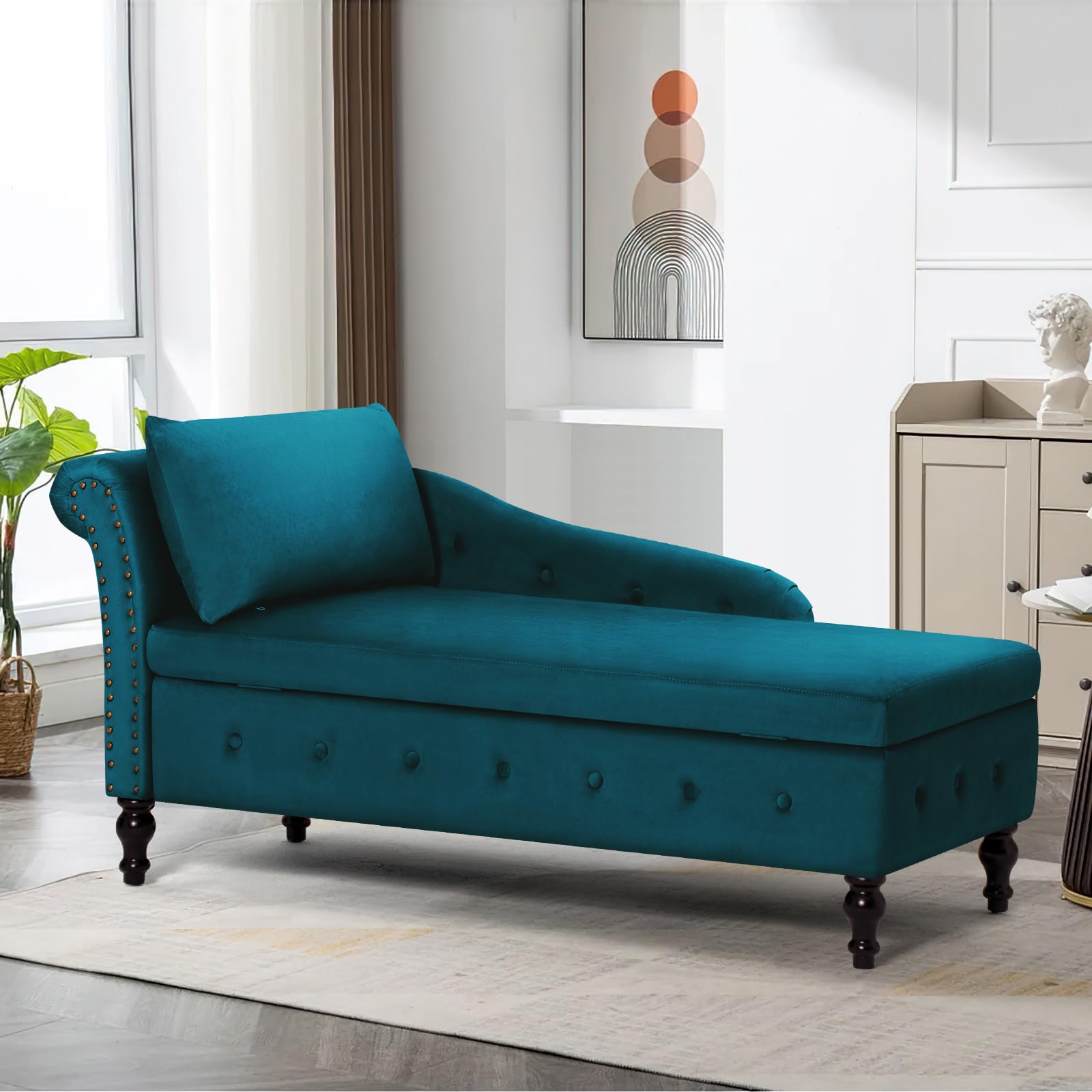 Upholstered Chaise Lounge with Left Armrest & Lumbar Pillow,Button Tufted Lounge Sofa with Storage,Lounge Chair Indoor,Modern Velvet Lounge Chair for Bedroom, Living Room and Office,Teal