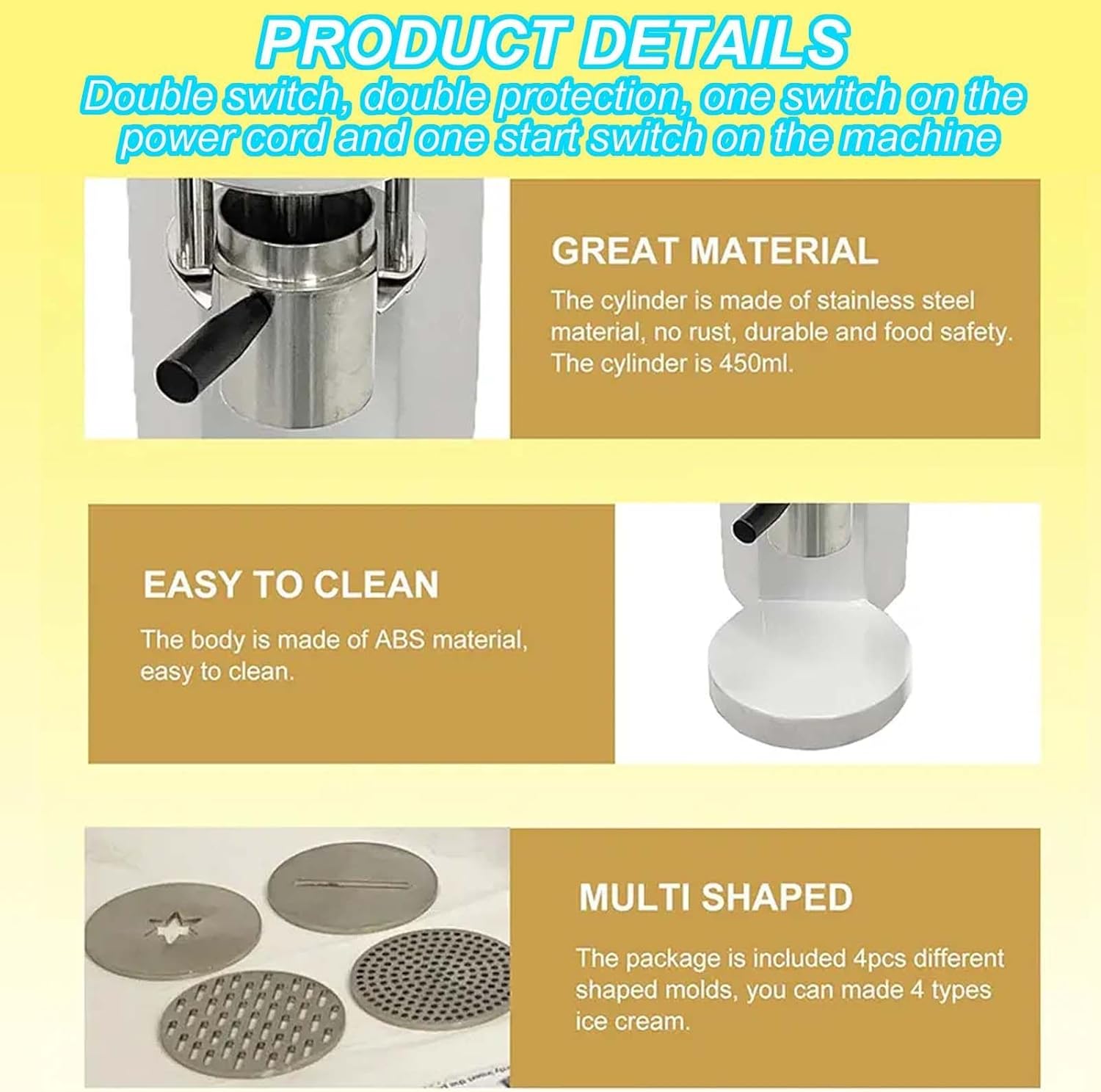 Commercial Spaghetti Ice Cream Maker, 80W 7.4-7.9 Gal/H Ice Cream Noodle Extruder with 4 Shape Molds for Restaurant/Kitchen