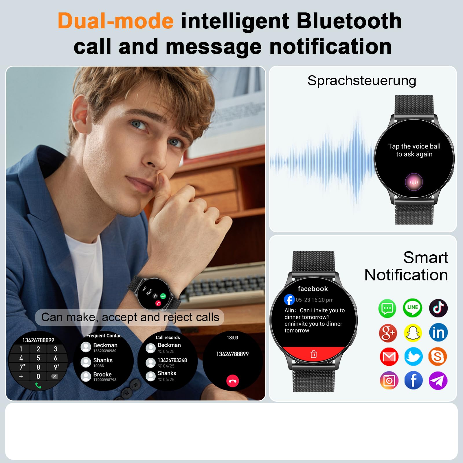 Smartwatch Rund Herren, 120+Sportmodi Sportuhr Damen IP68 Wasserdicht Paare
