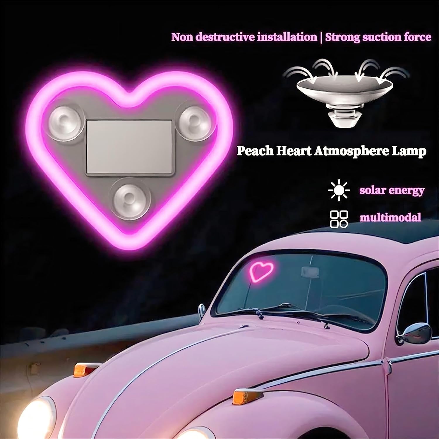 Car Solar Heart LED Light, Solar Powered Wireless LED Triangle Heart Shape C-Pillar Ambient Neon Light, Valentine's Day Romantic Car Interior Decor Accessory (Red*1)