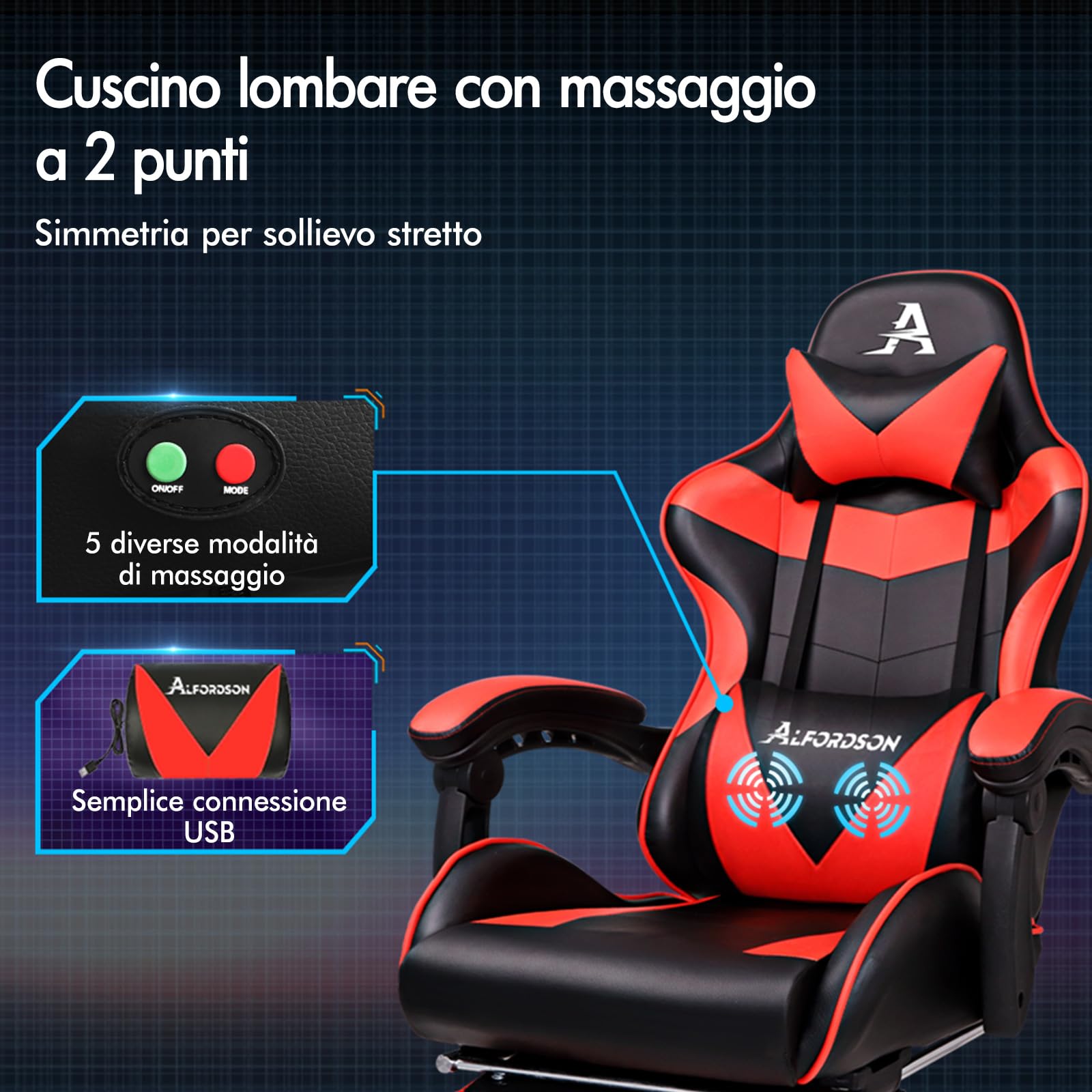 ALFORDSON Sedia Gaming Massaggiante, Sedia Gamer Professionale, Cuscino Lombare & Poggiatesta, Poltrona Ergonomica da Ufficio con Poggiapiedi, Portata 180 kg, Regolabile 90-150°, Similpelle(Rossa) | Poltrona Gamer in Similpelle Serie VOGLER, Schienale reg
