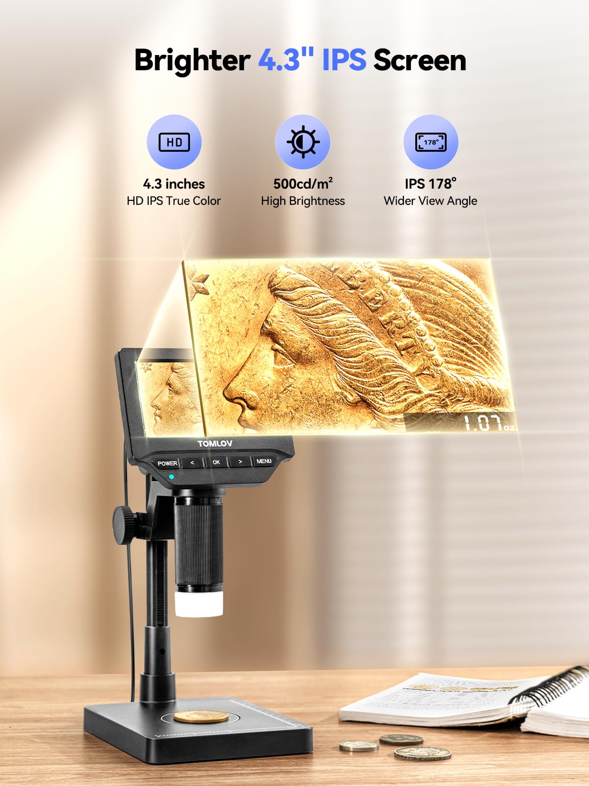 TOMLOV DM4W Digital Microscope with Scale: Coin Microscope with 4.3" IPS Screen, Coin Magnifier with Light, Precise Scale for Collectors, Jewelers, Compatible PC/Mac — view 5