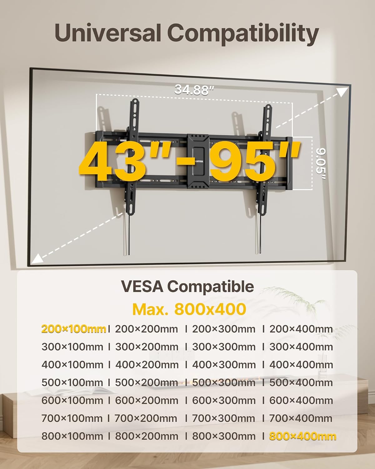 monTEK Heavy Duty Tilting TV Wall Mount for 43-95 Inch TVs, 200 lbs Capacity, 1.65" Slim Low Profile Wall Bracket, Max VESA 800x400mm Fits 16"/18"/24"/32" Studs, for Large Flat & Curved TVs