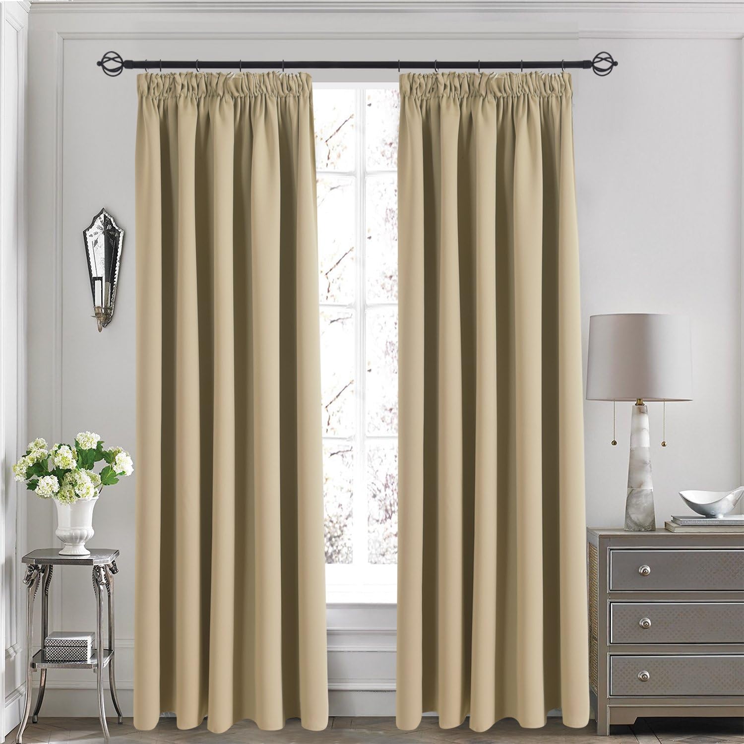 Aquazolax Blackout Pencil Pleat Windows Curtains One Pair of Solid Thermal Insulated Drapes Curtains in Khaki Energy Saving Noise Reducing, 46" Wx54 L(116cm by 137cm)
