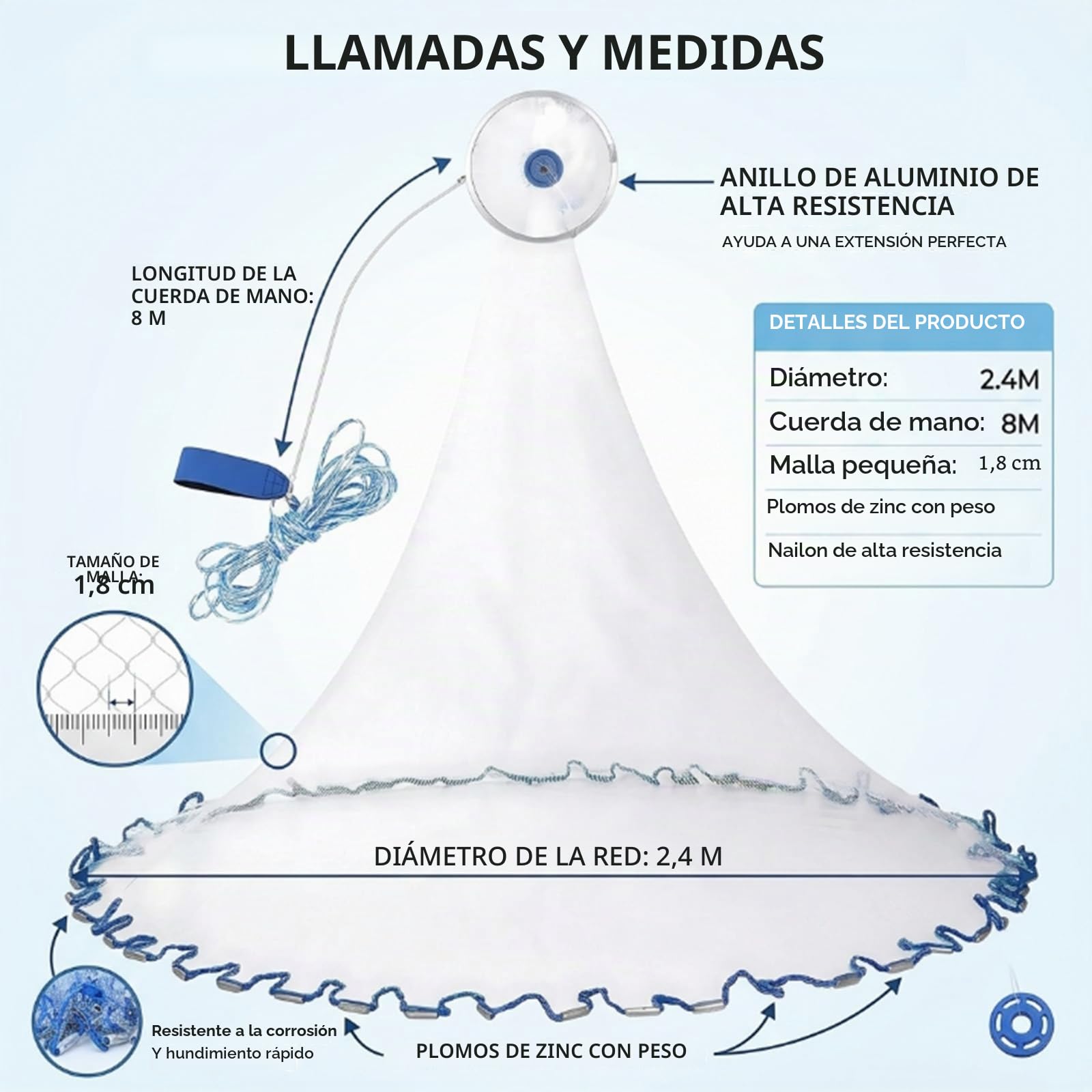 Red de Pesca de Mano, Trampa de Red de Pesca portátil para Exteriores, Fabricada en Nylon monofilamento Moldeado a Mano con Trampa para señuelos para línea de Mano (2,4 m)