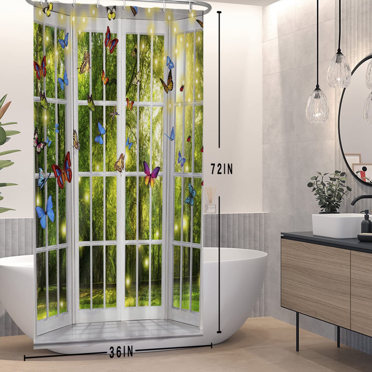 SDOTPMT 180x180cm Spring Window View Shower Curtain Fantasy Magic Green Forest White Bath Curtain Colorful Psychedelic Butterfly Faint Sunshine Fairy Bathtub Fabric Waterproof Curtain with Hooks - Image 3