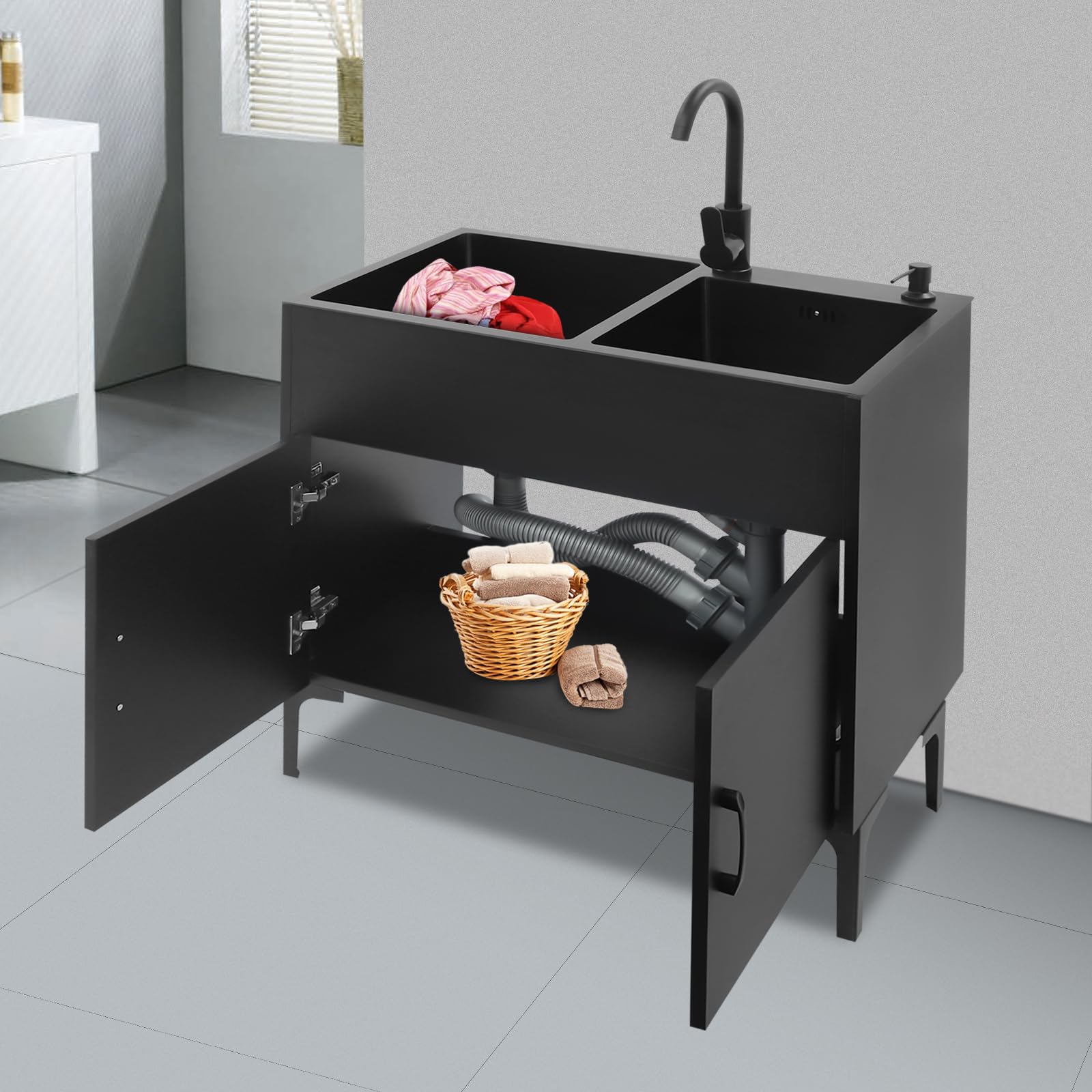 Lavello da cucina autoportante con base e rubinetto, in acciaio inox con 2 vasche scolapiatti e scarico, per cucina, giardino, esterno, officina, lavanderia, campeggio (nero)