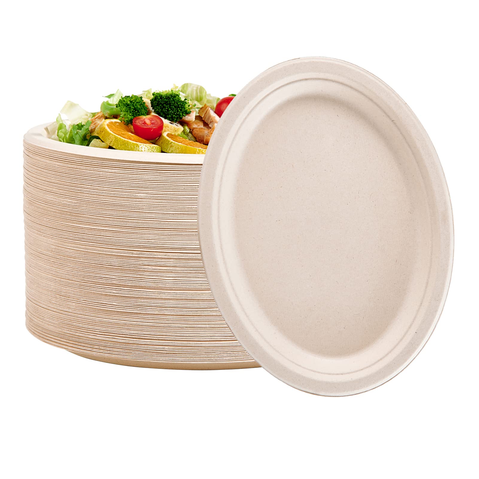 Vplus 100% Compostable Oval Paper Plates 10 inch 125 Pack Super Strong Disposable Paper Plates Natural Biodegradable Eco-Friendly Sugarcane Plates for BBQ, Party, Gathering, and Picnic