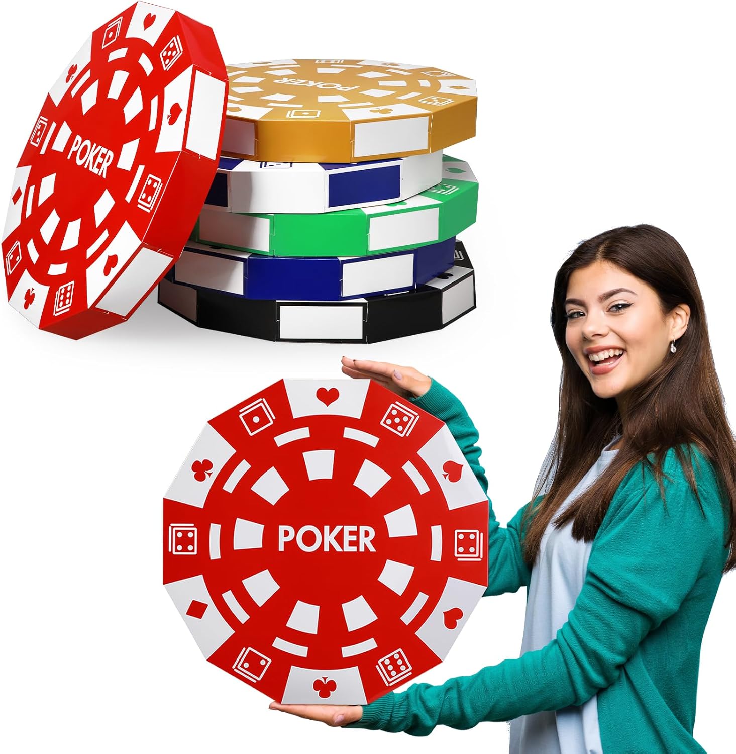 Giant Casino Decorations 15.7 Inch Large Paper Poker Chips Favor Boxes Jumbo Oversized Poker Game Theme Centerpieces for Tables Casino Birthday Party Decorations 6