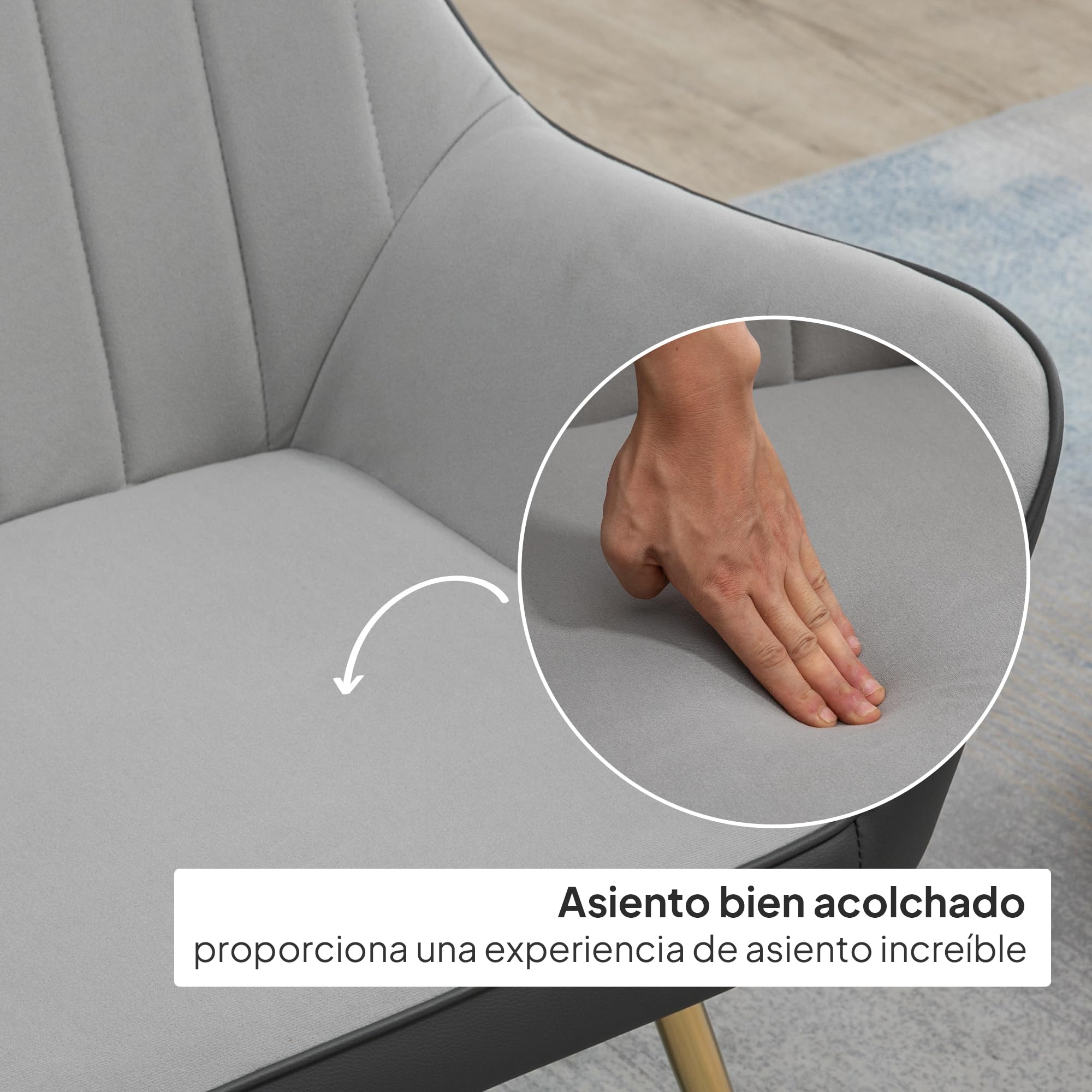 HOMCOM Butaca de Salón Sillón de Salón Tapizado en Cuero Sintético y Terciopelo con Reposabrazos Patas Doradas y Marco de Acero Butaca para Dormitorio Sala de Estar Carga 120 kg Gris