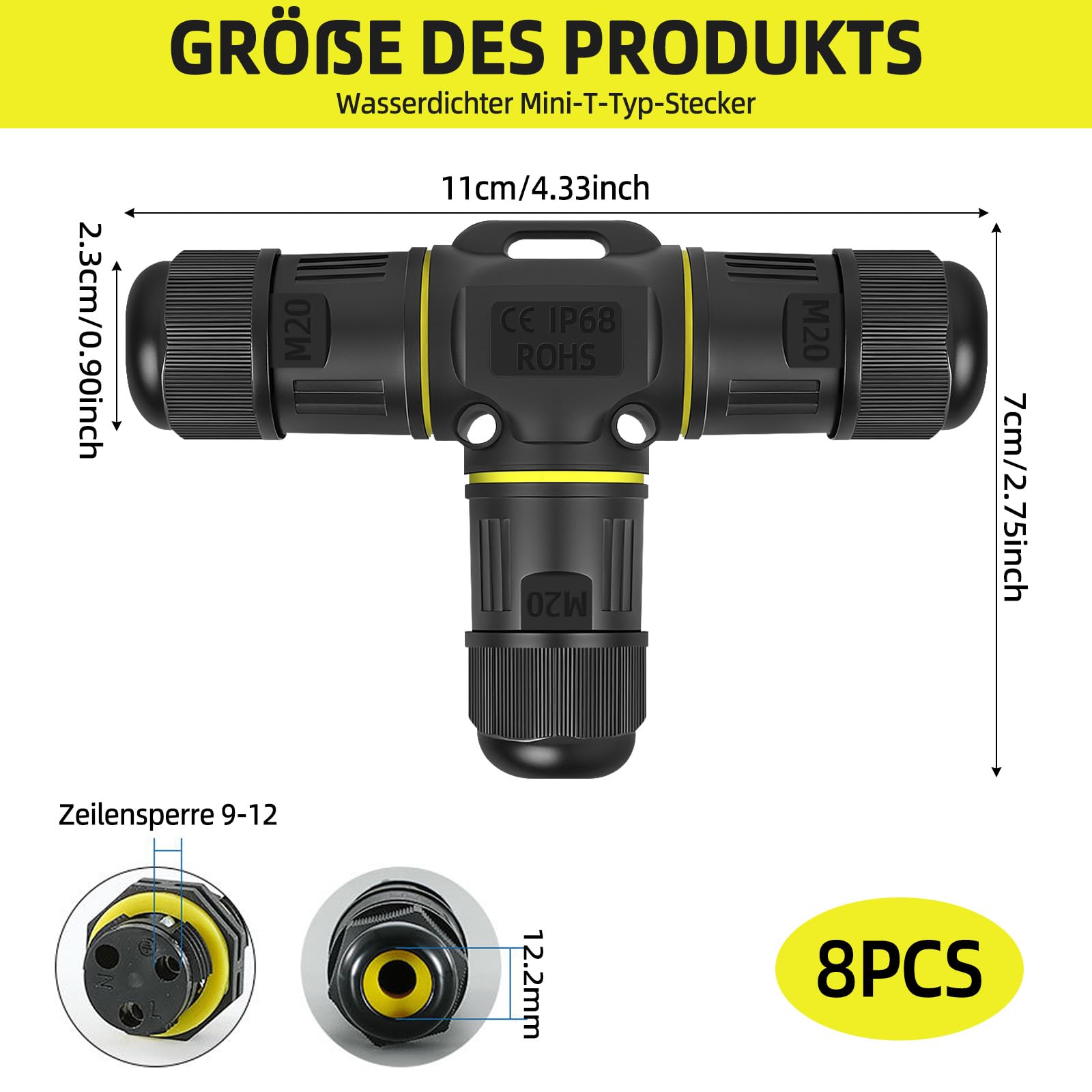 8 Stück Kabelverbinder Wasserdicht 3 Polig, für Ø3-12 mm Kabeldurchmesser, Ip68 Kabelverbinder, Erdkabel Verbinder Wasserdicht, Schnelle Verbindung T-Form Verbindungsmuffe Erdkabel für Außenbereich