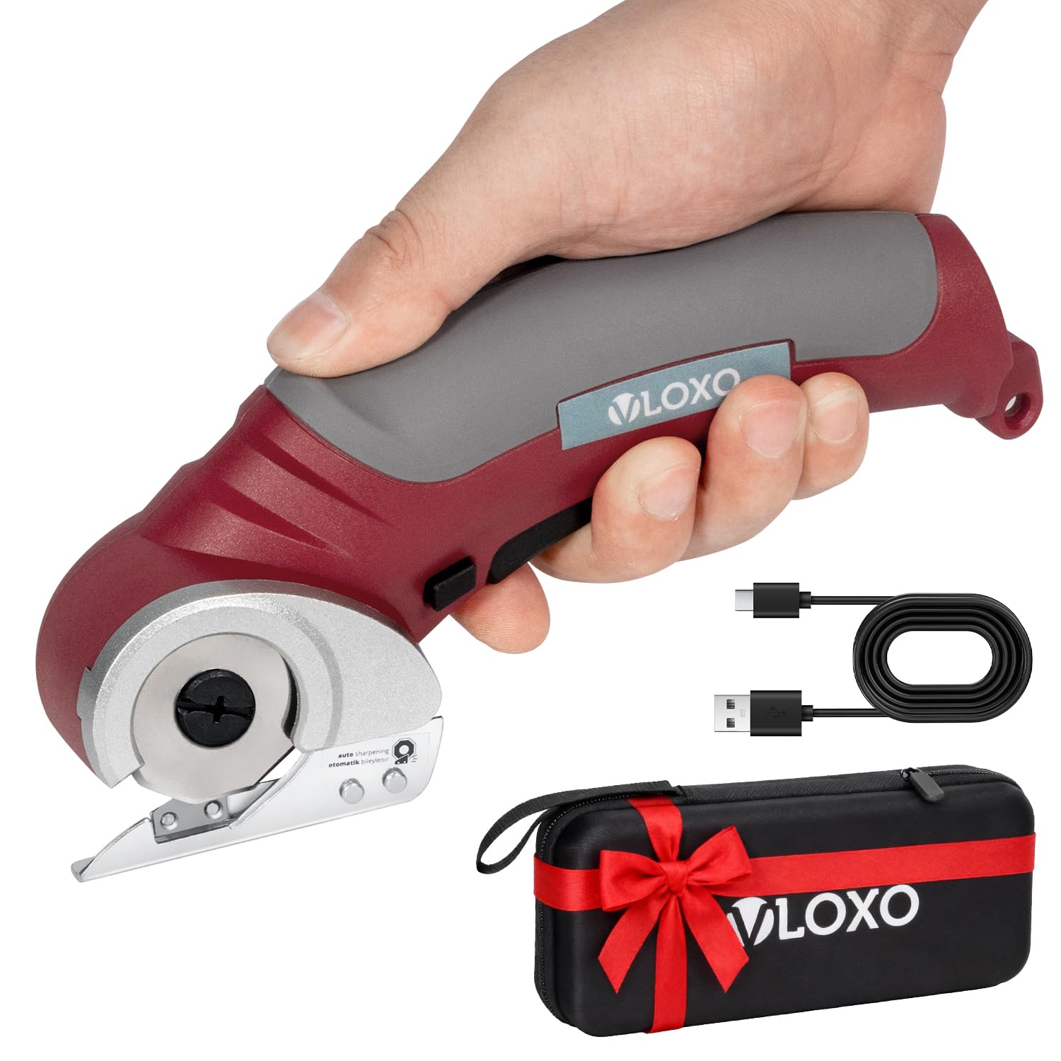 VLOXO Cardboard Cutter, Cordless Electric Scissors with Safety Lock, 4.2V Electric Box Cutter Multi-Cutting Tools, Rechargeable Powerful Scissors for Carpet Leather Felt with Storage Box