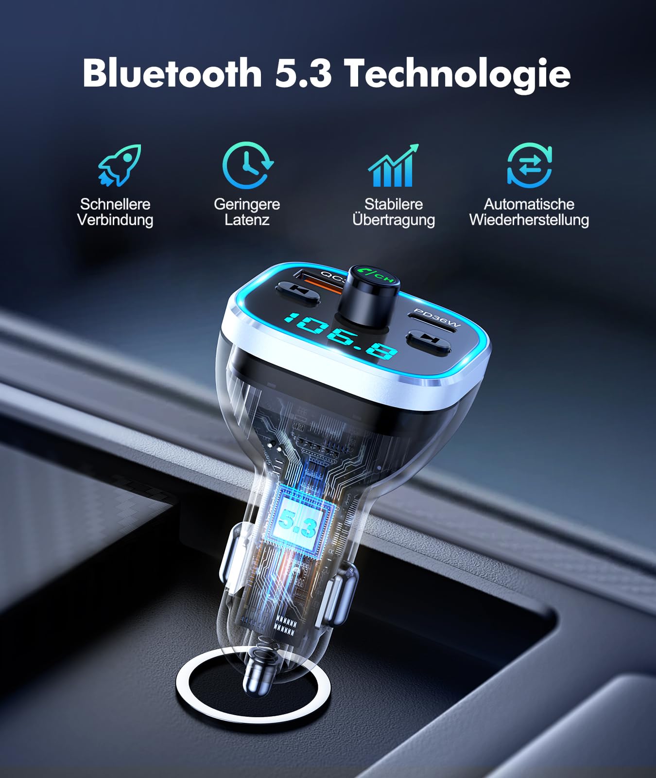 Mohard Bluetooth Adapter Auto, 54W [PD & QC 3.0] Schnellladung FM Transmitter Auto Bluetooth 5.3, Freisprechanlage, 7 Farbige LED-Atmosphärenlichter, Bloototh Transmitter Autoladegerät Bedienelemente