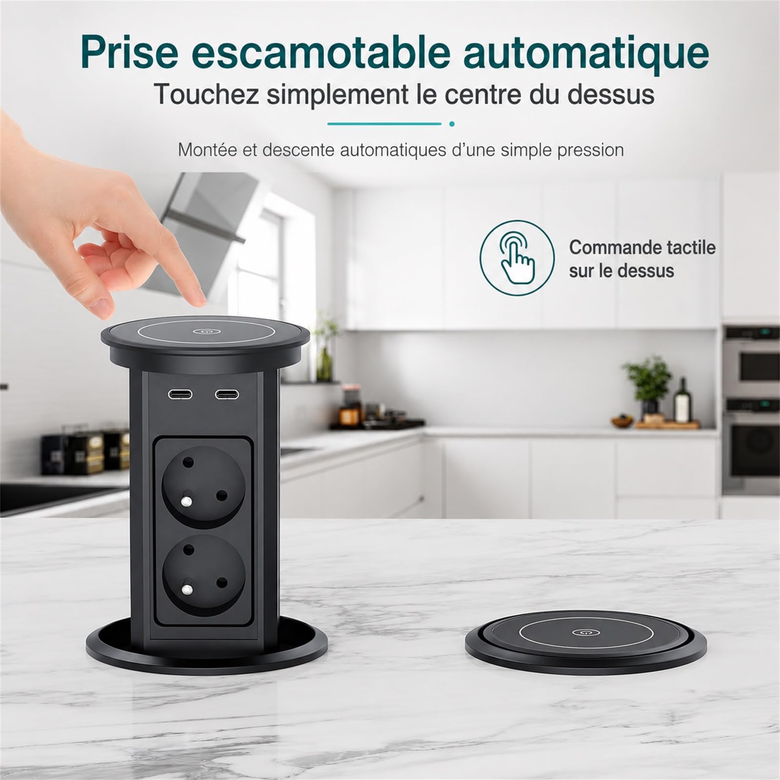 Bloc Prise Encastrable Automatique, Dinolink Multiprise Escamotable avec 4 Prises, 2 USB C(PD 20W), 2 USB A(18W), Chargeur sans Fil 10W, Câble de 2M, Ø 100MM, pour Bureau, Cuisine
