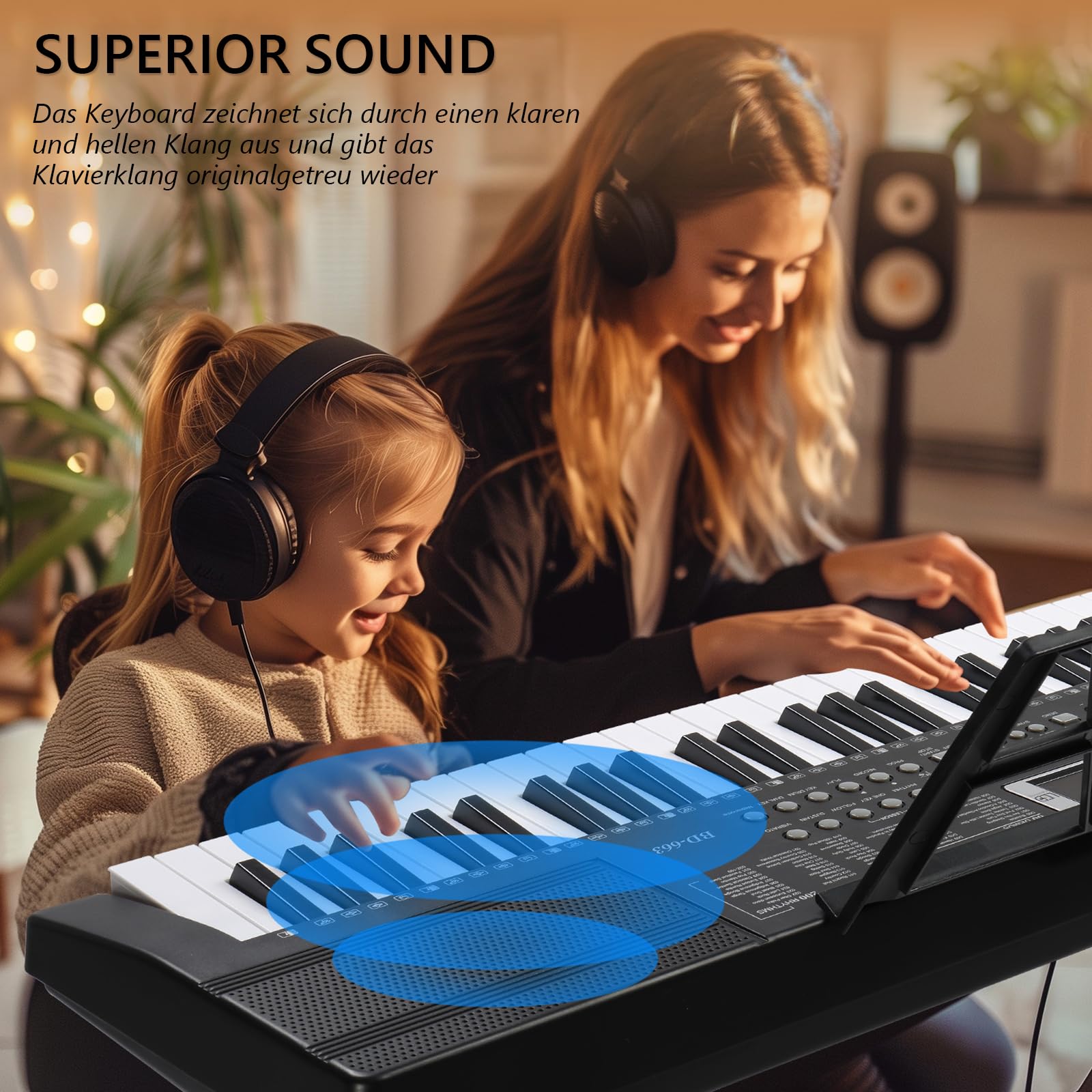 Bonnlo 61-Tasten Keyboard mit Z-Ständer, Hocker, Kopfhörer, LED-Display und 3 Lernmodi, 200 Klänge, 200 Rhythmen, mit eingebauten Lautsprechern für Anfänger & Fortgeschrittene, Schwarz