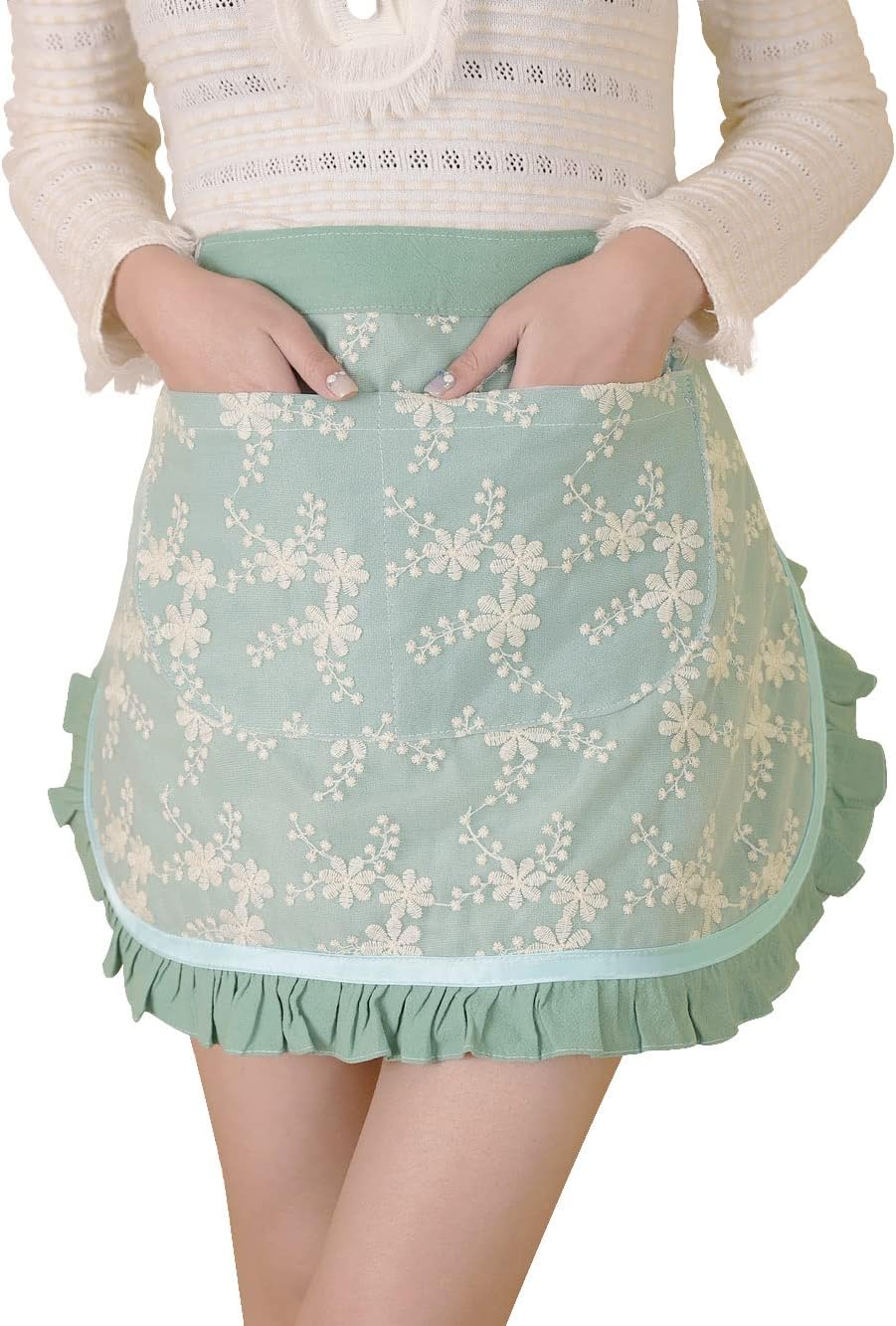 Floosum Waist Apron for women - Lovely Half Apron Cotton Lace Embroidered Server Waitress Apron Short Apron for Womens Girls