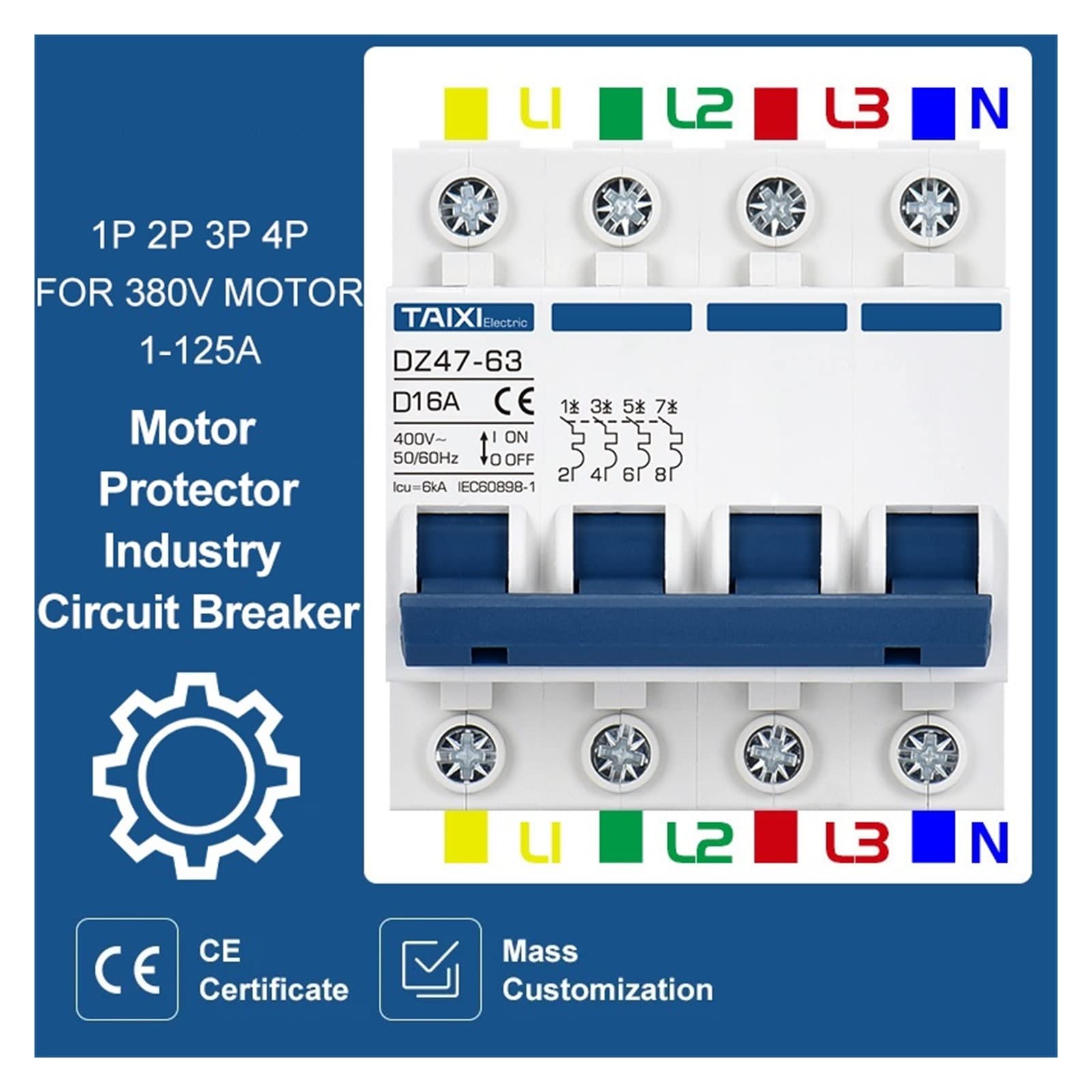 Interruttore Automatico CA For Motore A Curva D D DZ47 10A~125A 400V Interruttore Di Avviamento Macchina Attrezzatura Industriale Pompa Dell'acqua Alta Corrente(2P,25A - 11