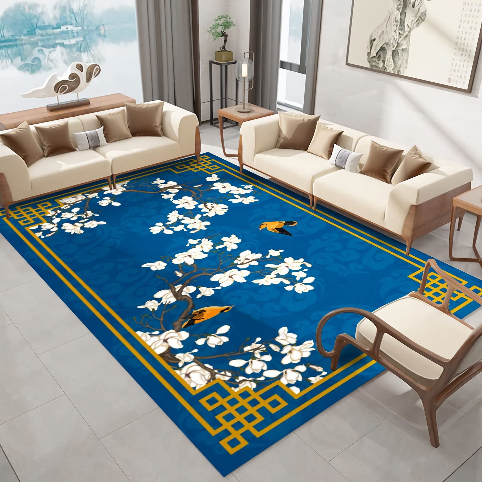 Tapis Tapis Chambre ado Garcon Tapis pour Cuisine Tapis de Salon Style Chinois Bleu Jaune Graffiti Motif Fleur et Oiseau décoration pour Table Basse 120x160cm