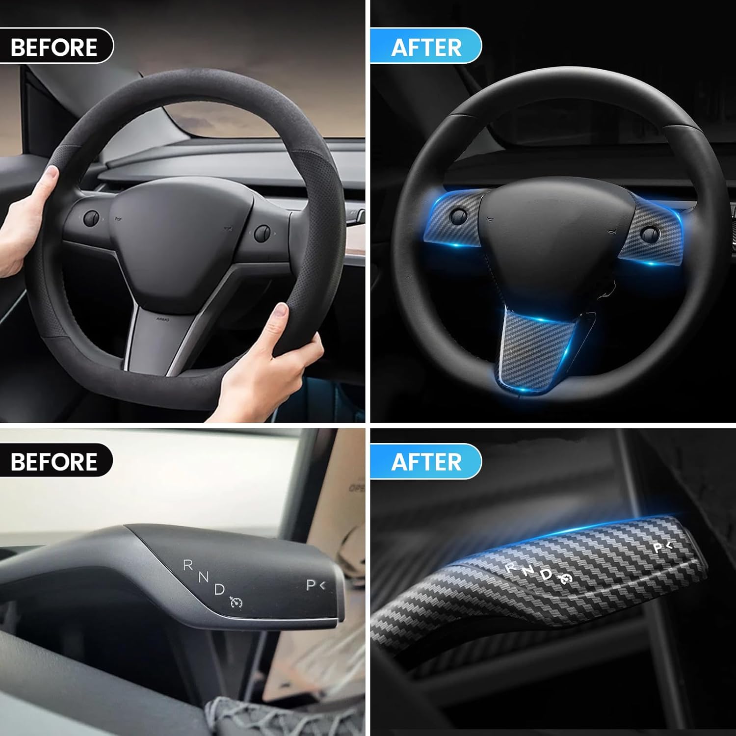 Steering Wheel Trim and Gear Shift Cover Compatible with 2019-2024 Tesla Model Y 2021-2023 Tesla Model 3, Carbon Fiber Steering Wheel Panel Trim with Steering Lever Cover (5pcs/Set, ABS Matte Carbon)