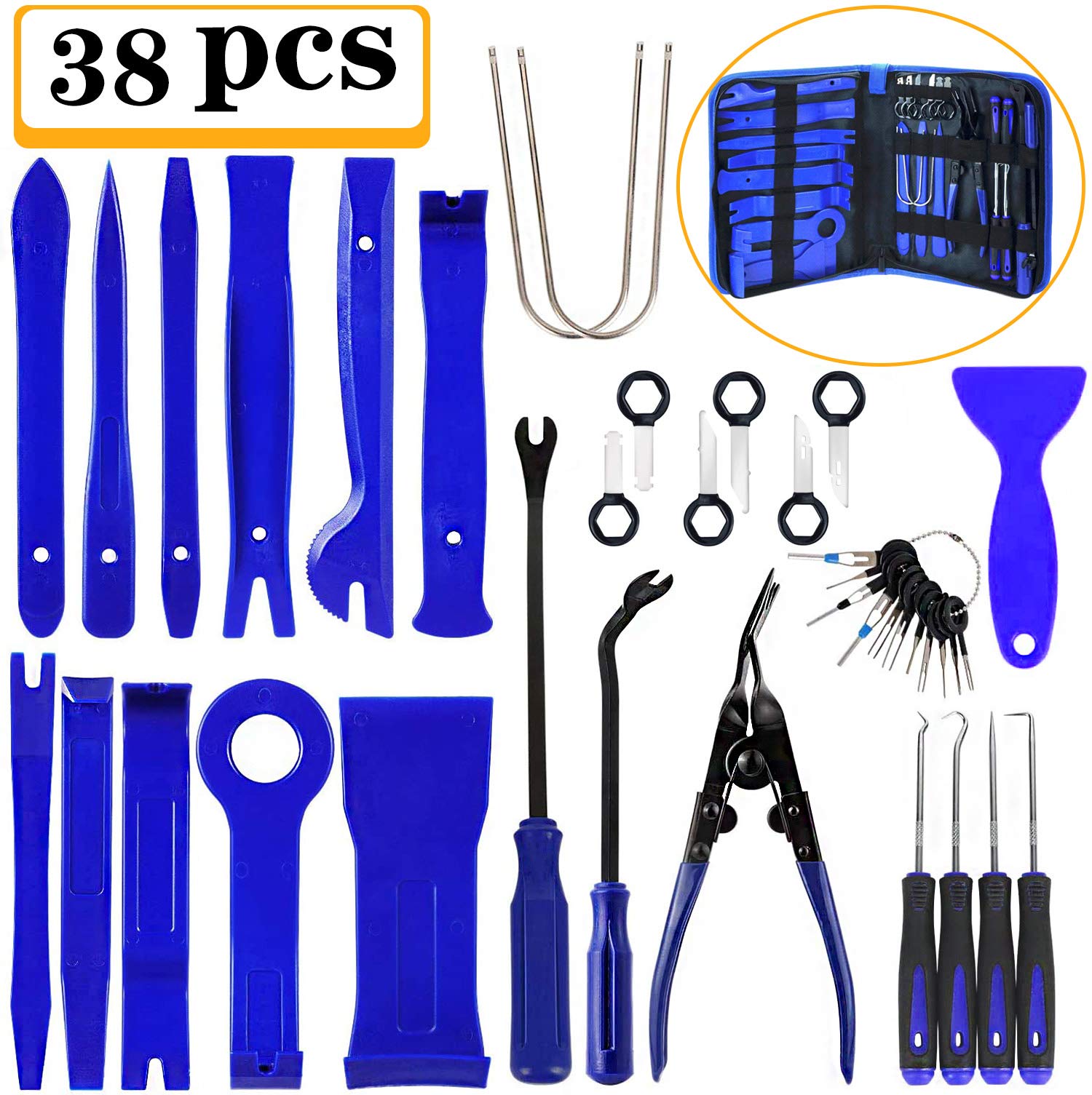 Manfiter 38Pcs Trim Removal Tool, Pry Kit Car Panel Tool Radio Removal Tool Kit, Auto Clip Pliers Fastener Remover Pry Tool Kit, Car Upholstery Repair Kit, Prying Tool Kit with Storage Bag