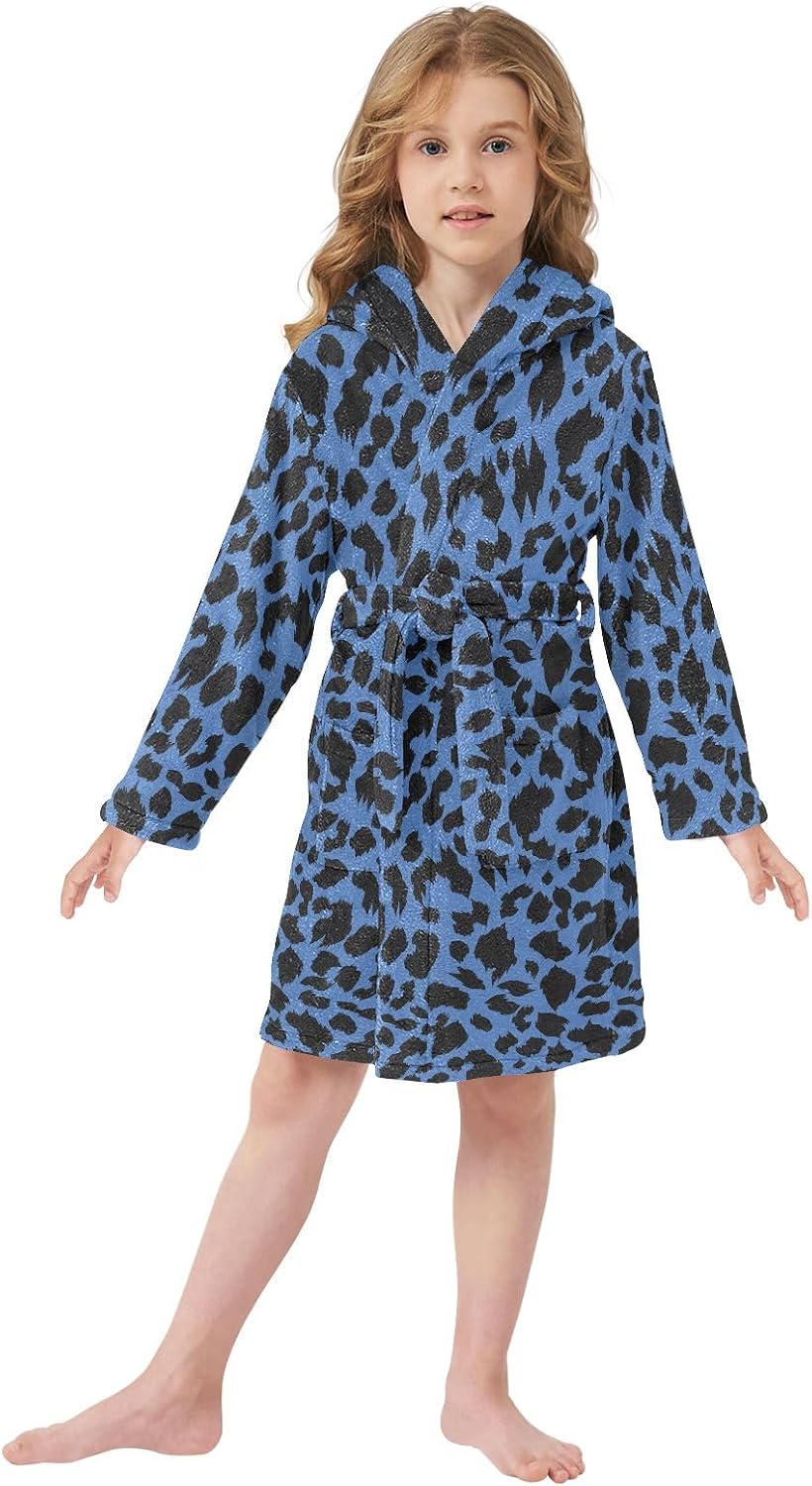 Navy Leopard Print Toddler Hooded Bathrobe for Boys Girls Soft Plush Bath Towel Robe 2-12 Years