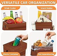 Vista 6 de Cubo de basura para coche, marrón, capacidad de 2.2 galones, impermeable, material de poliéster, correa ajustable, diseño colgante, forro a prueba