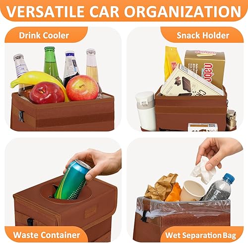 Miniatura 6 de Cubo de basura para coche, marrón, capacidad de 2.2 galones, impermeable, material de poliéster, correa ajustable, diseño colgante, forro a prueba